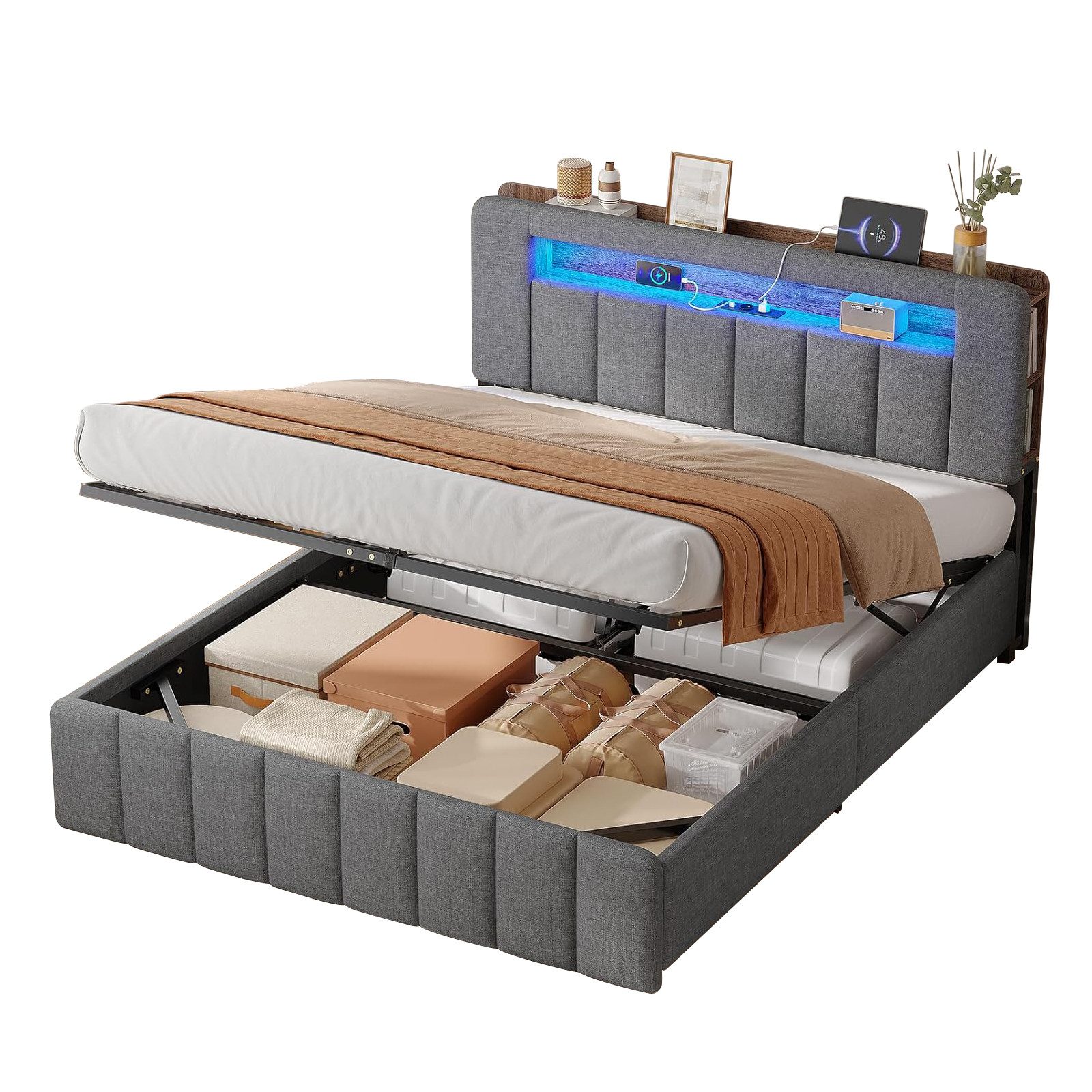 MSMASK Polsterbett Hydraulisches Bett mit LED-Bleuchtung und Ladestation (1 günstig online kaufen