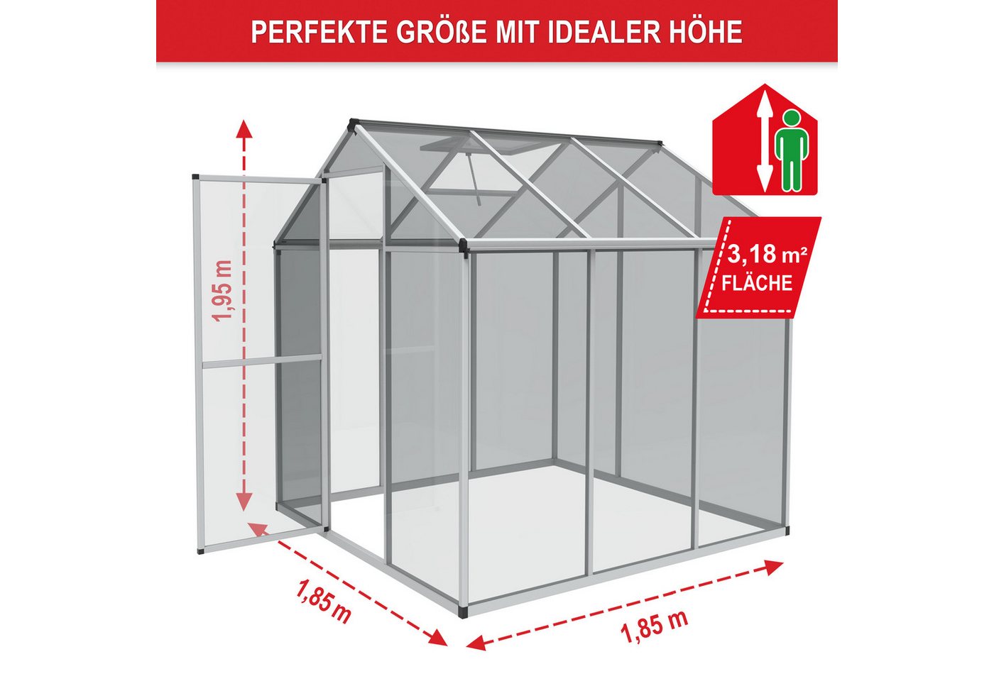 Thumbnail - Onbest Gewächshaus Aluminium mit Erdanker Regenrinnen, BxTxH: 185 x 185 x 195 cm, 4 mm Wandstärke, 195 cm Stehhöhe, 3,18...