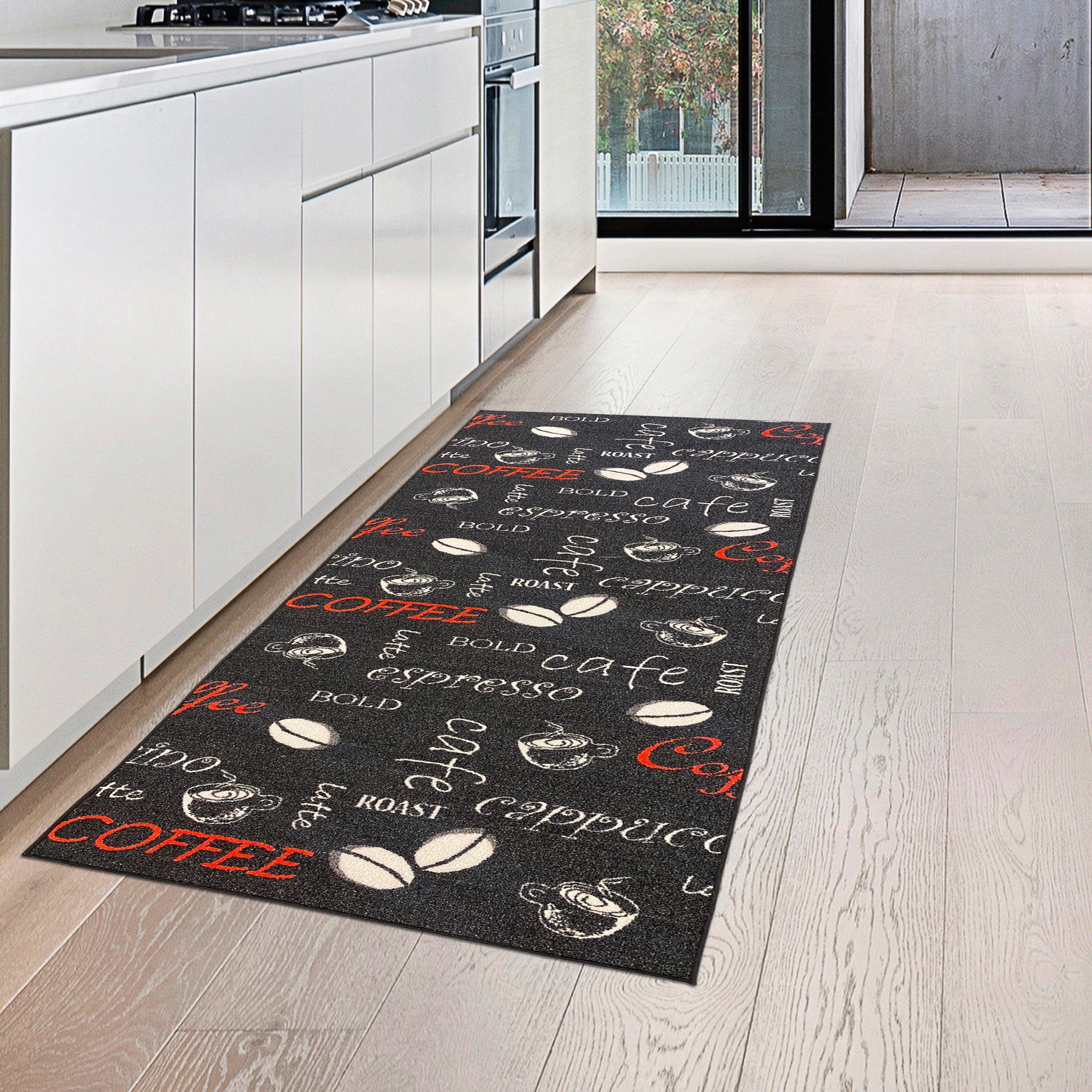 Teppich Küchenläufer mit Gelrücken und Schriftzug in rot und weiß,  Teppich-Traum, rechteckig, Höhe: 5 mm, Rutschfester Rücken für zusätzliche  Sicherheit