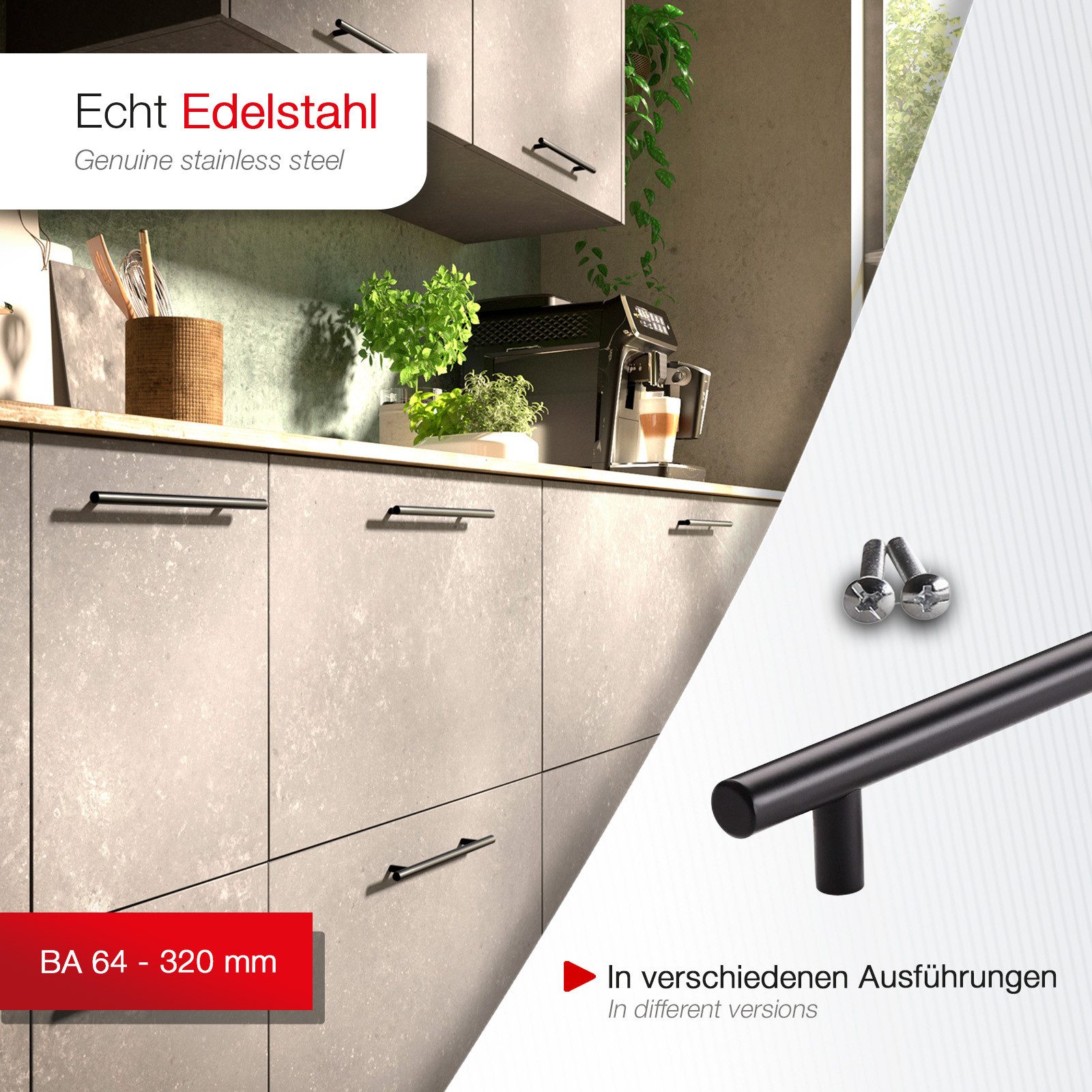 SO-TECH® Möbelgriff Stangengriff G17 echt Edelstahlrohr Ø 12 mm inkl. Schrauben (1-St), Edelstahl schwarz, Bohrlochabstand 64 mm, Schubladengriff