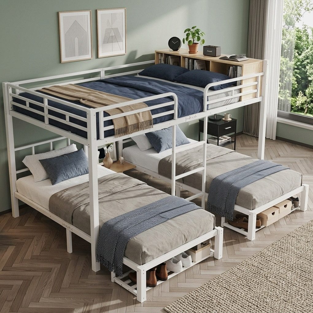 MODFU Etagenbett Eisenbett mit 3 Schlafplätzen, Kinderbett (140x200/90x200 cm, Aufbewahrungslösung durch Regal und Schuhablage, Metallbett, Jugendbett Funktionsbett), ohne Matratze