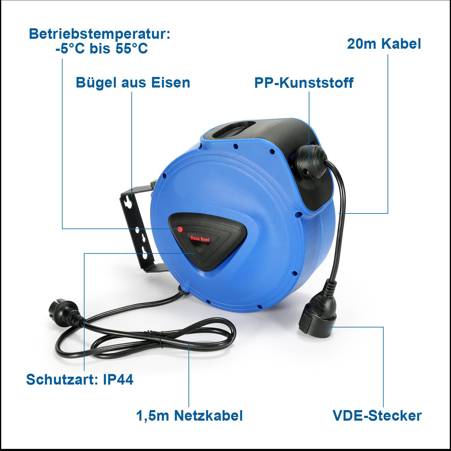 Clanmacy Automatik kabelaufroller Automatik Kabeltrommel 20m,180° Drehbar Kabeltrommel 1-fach (Kabelaufwickler, Überhitzungsschutz, 180° schwenkbar, Automatischer Aufrollmechanismus), Langlebig, Tragemulde am Gehäuse, Überhitzungsschutz