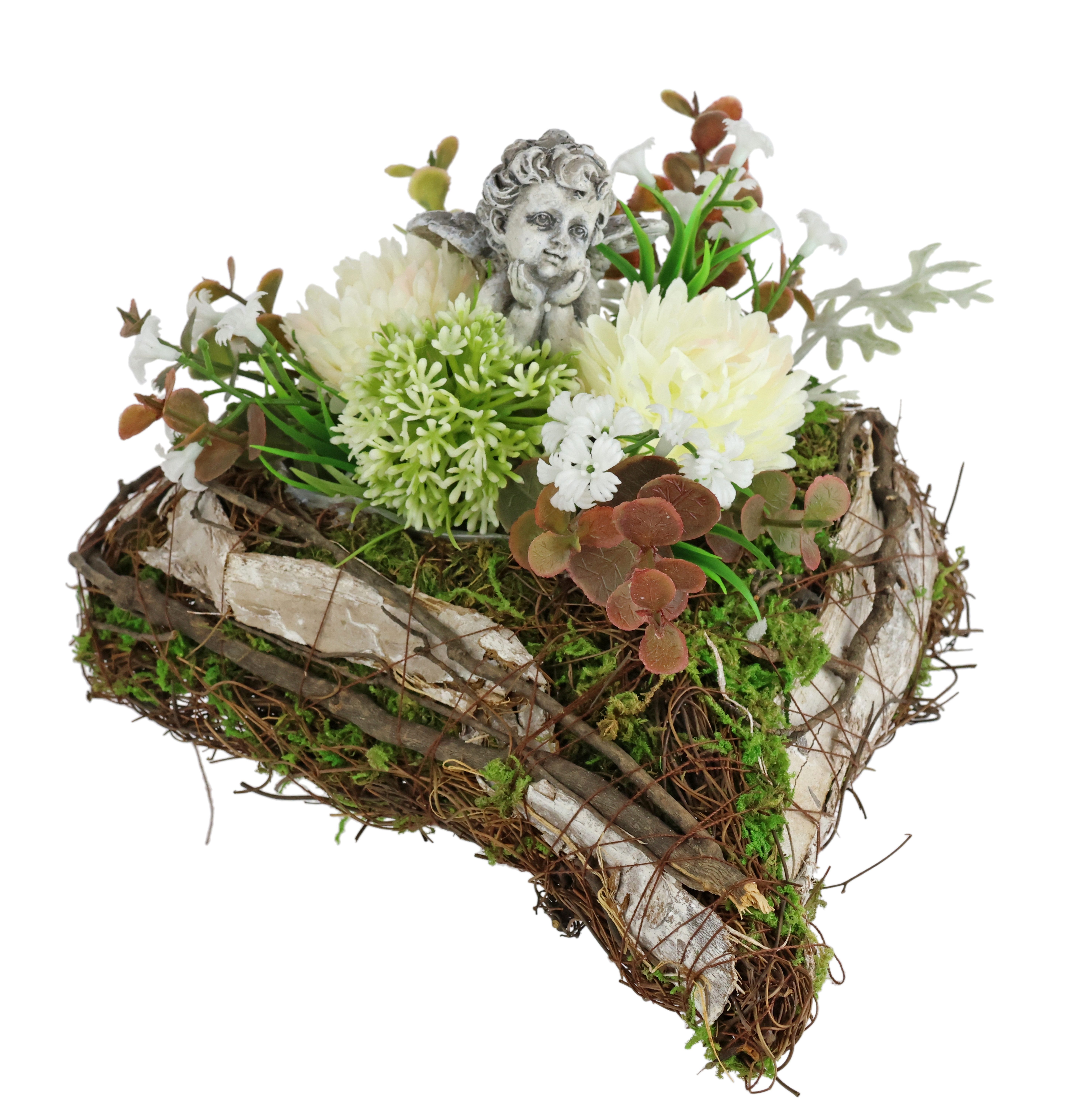Kunstblume Gesteck mit Chrysanthemen, Allium und Engel im Pflanz-Herz, OTTO home, Höhe 13 cm, Florales Herzgesteck mit weißen Kunstblumen und Engel