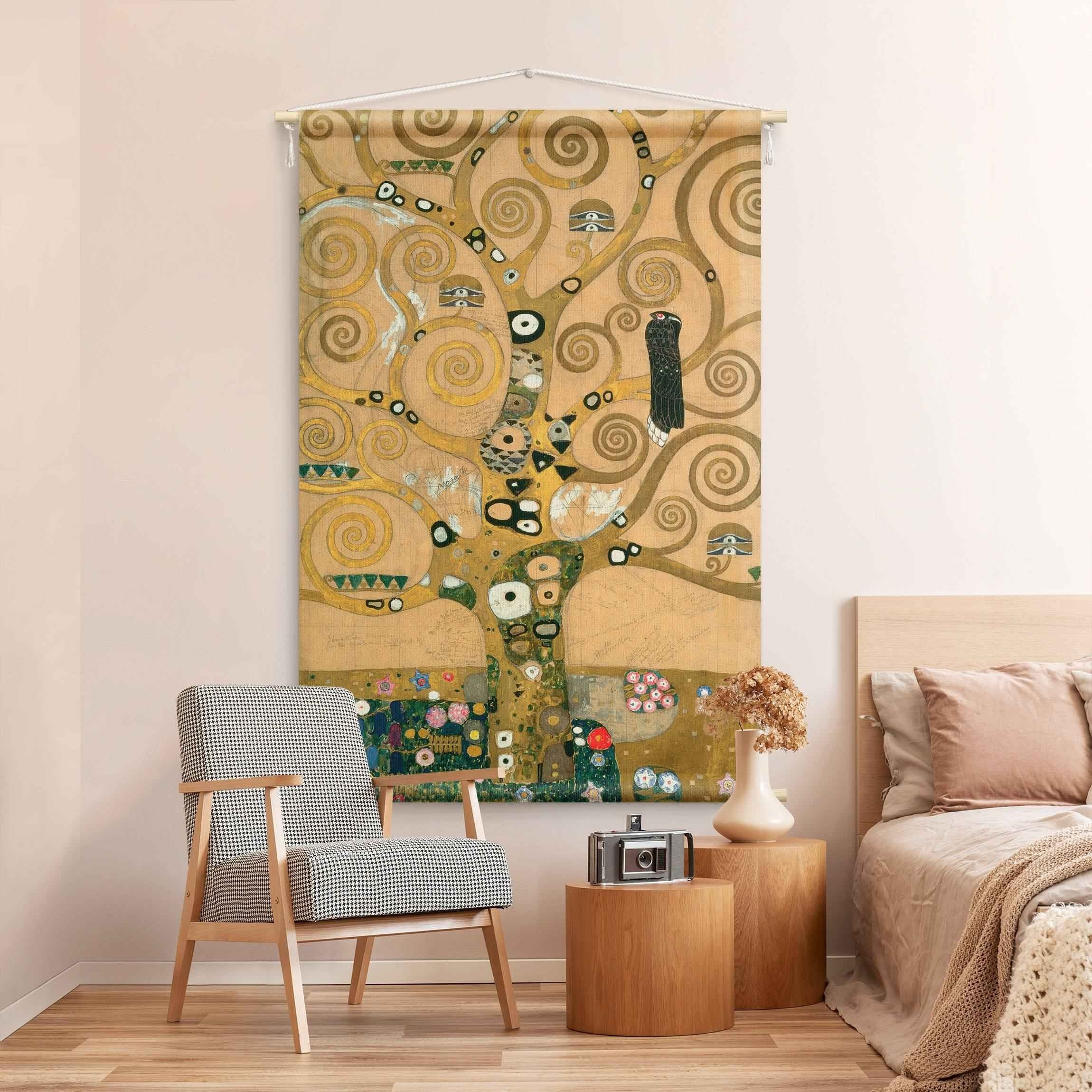 Bilderdepot24 Wandteppich modern Gustav Klimt Kunst Wald gold, rechteckig, Höhe: 2.6 mm, großes Wandbild aus Natur-Baumwolle Wandbehang Stoffbild Tuch Wollseil