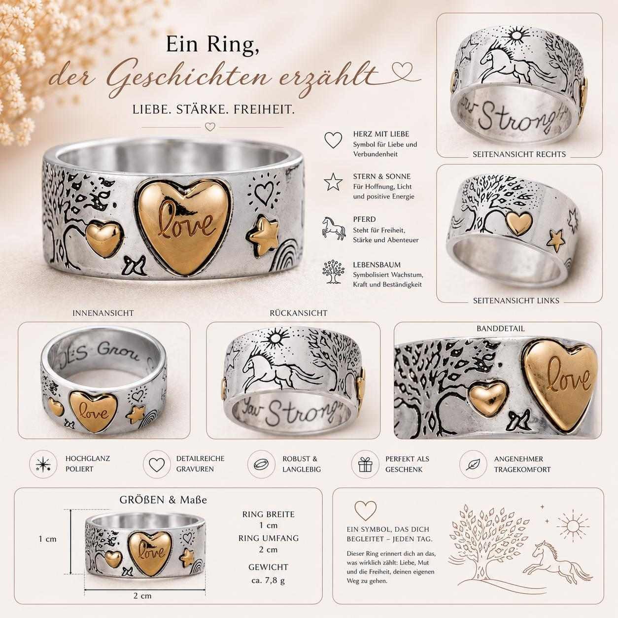 Taffstyle Fingerring Damen Ring Edelstahl Herz Lebensbaum Pferd Statementring Silber Gold (Breiter Edelstahlring mit Herz, Lebensbaum und Pferdemotiv – symbolis – Bild 3 von 4