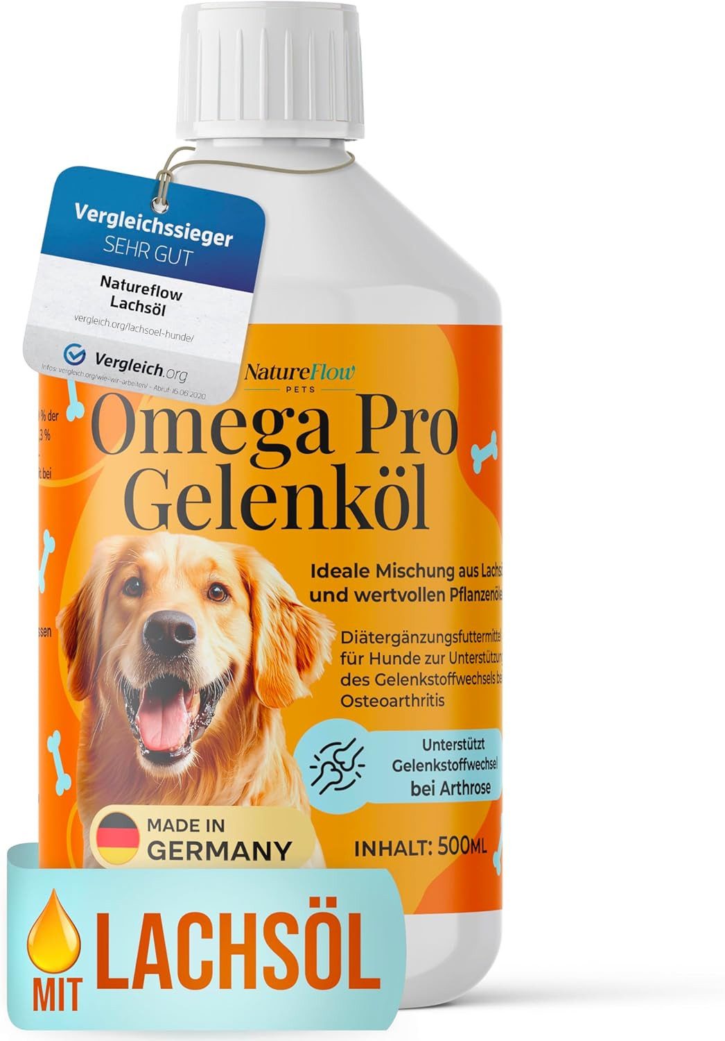 Natureflow Omega Pro Gelenköl für Hunde mit Lachs- & Leinöl, Omega 3 & 6, 500 ml Lachsöl mit Leinöl, Hanföl & Borretschöl, Ergänzungsfutter für: Hund