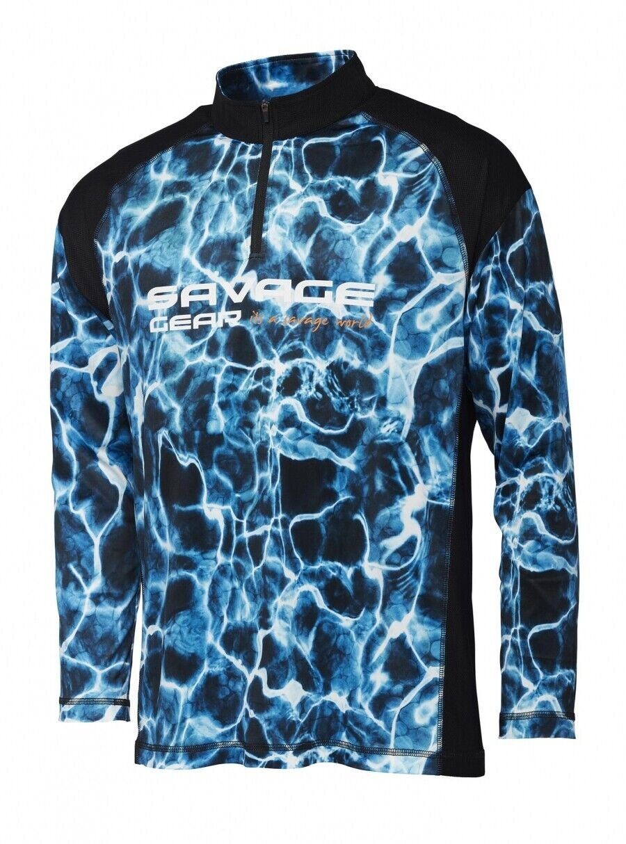 Savage Gear Reißverschluss optimale Blue Stehkragen der und Langarmshirt T-Shirt Tee Long für Meeresangeln Sea Sleeve sorgen S-XXL eine Passform Langarm UV Marine