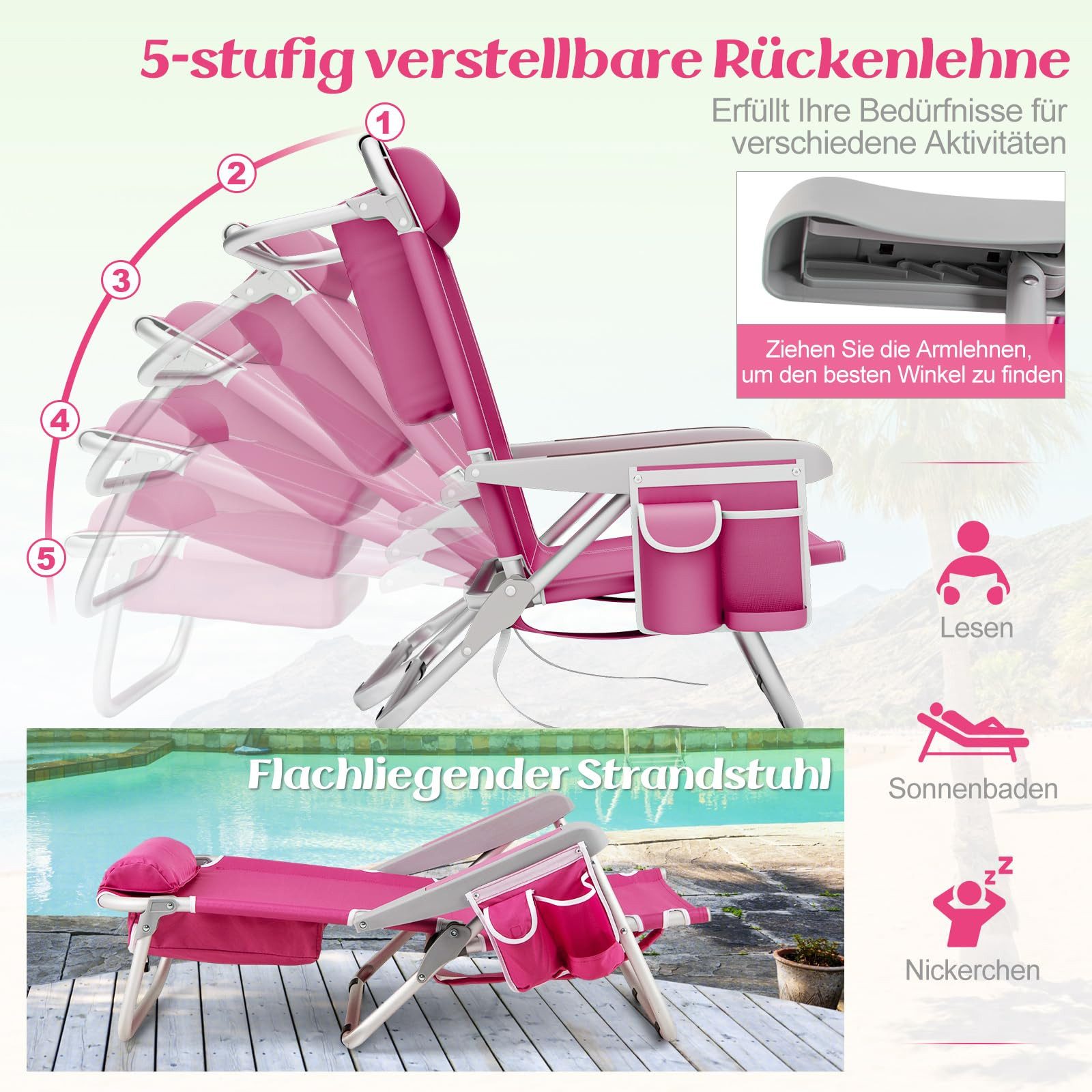 COSTWAY Campingstuhl (2 St), Strandstuhl Klappstuhl, 5 fach verstellbar