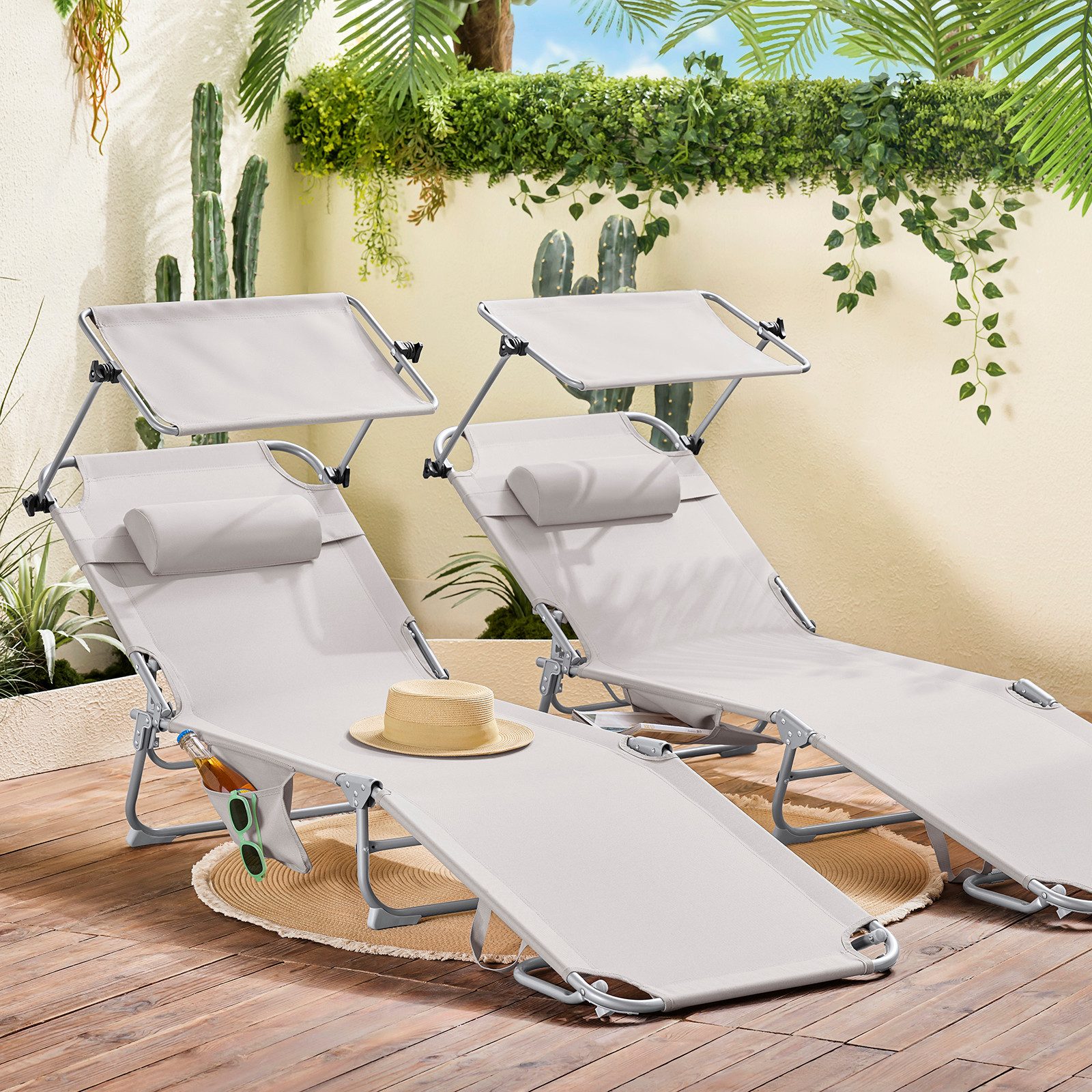 SoBuy 2-er Set Gartenliege mit Kopfkissen und Sonnendach aus Metall Schwarz günstig online kaufen