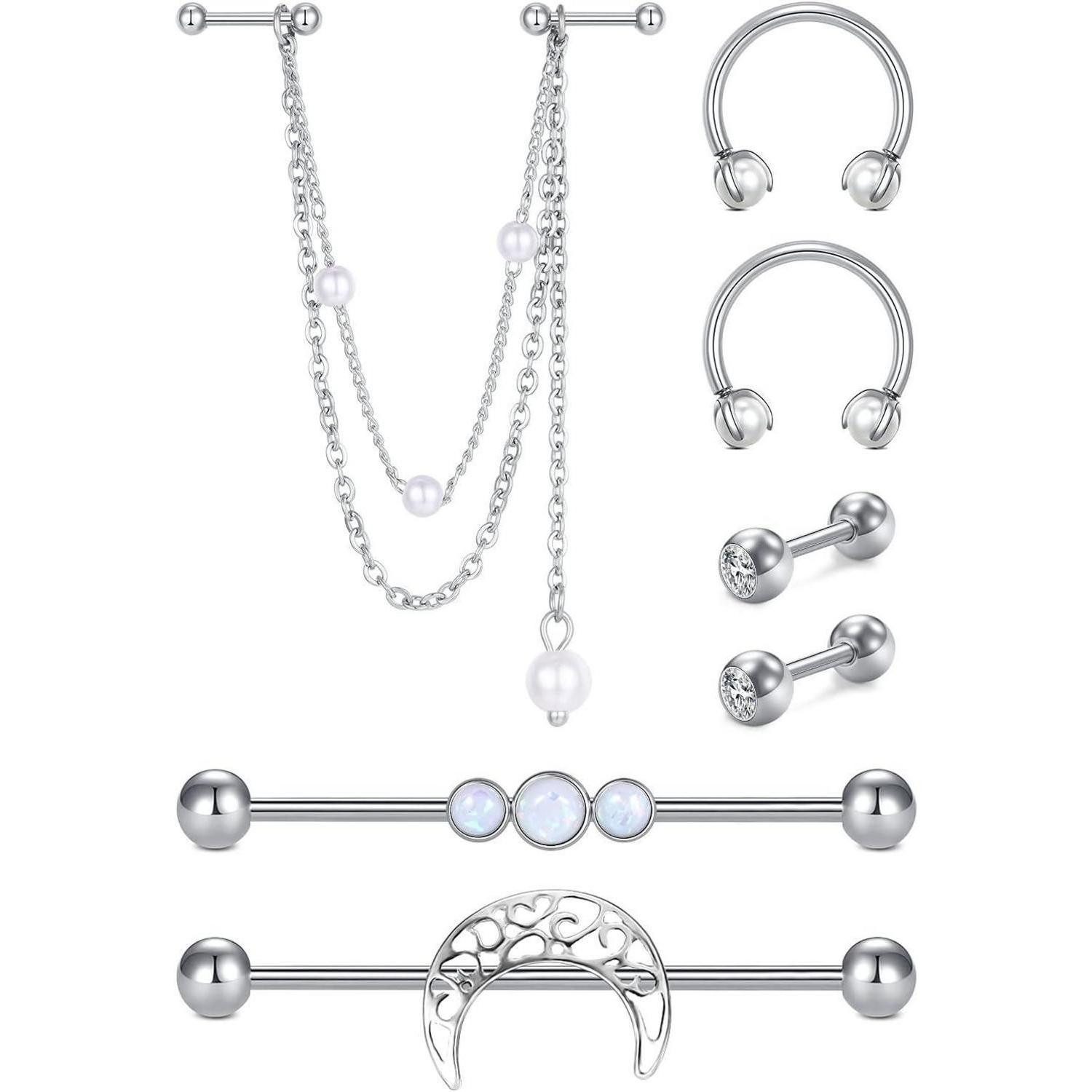 D.Bella Piercing-Set Industrial Piercing Schmuck Set Chirurgenstahl 14Gauge 1.6mm Silber