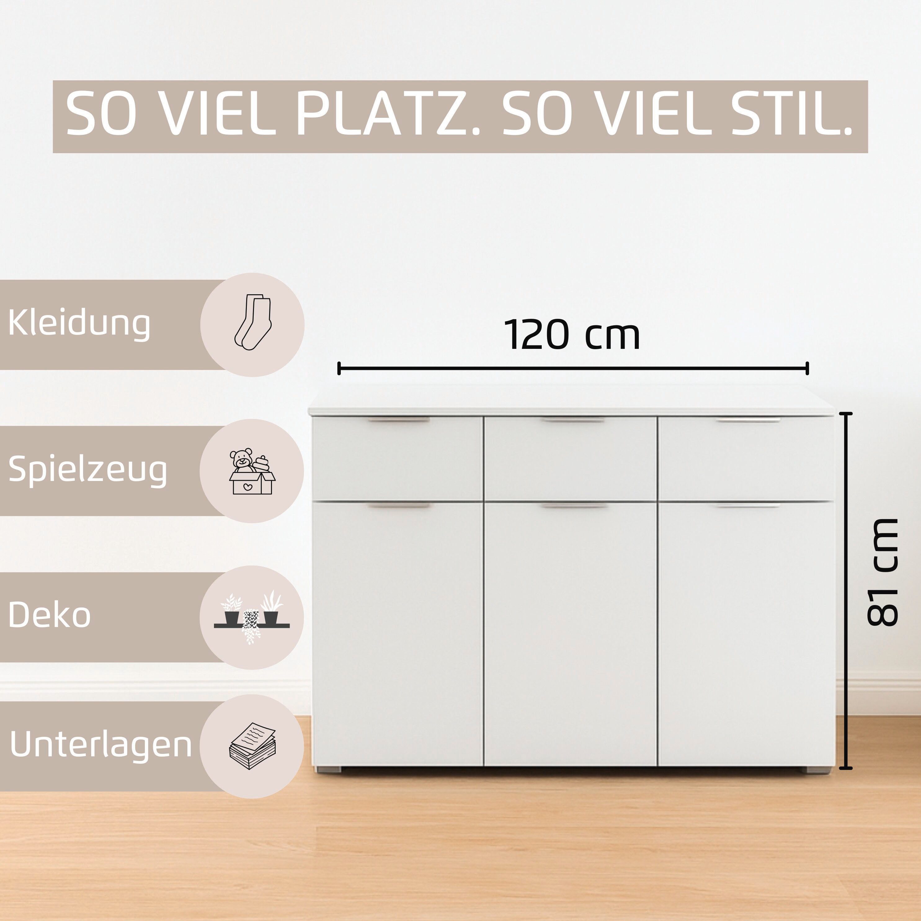 OTTO home Kombikommode Kommode Sideboard Schubladenkommode Schlafzimmerkommode CORTONA (Breite 120 cm inkl. SOFT-CLOSE-FUNKTION, mit moderner Dekor-Front), mit 3 Schubladen und 3 verstellbaren Einlegeboden MADE IN GERMANY