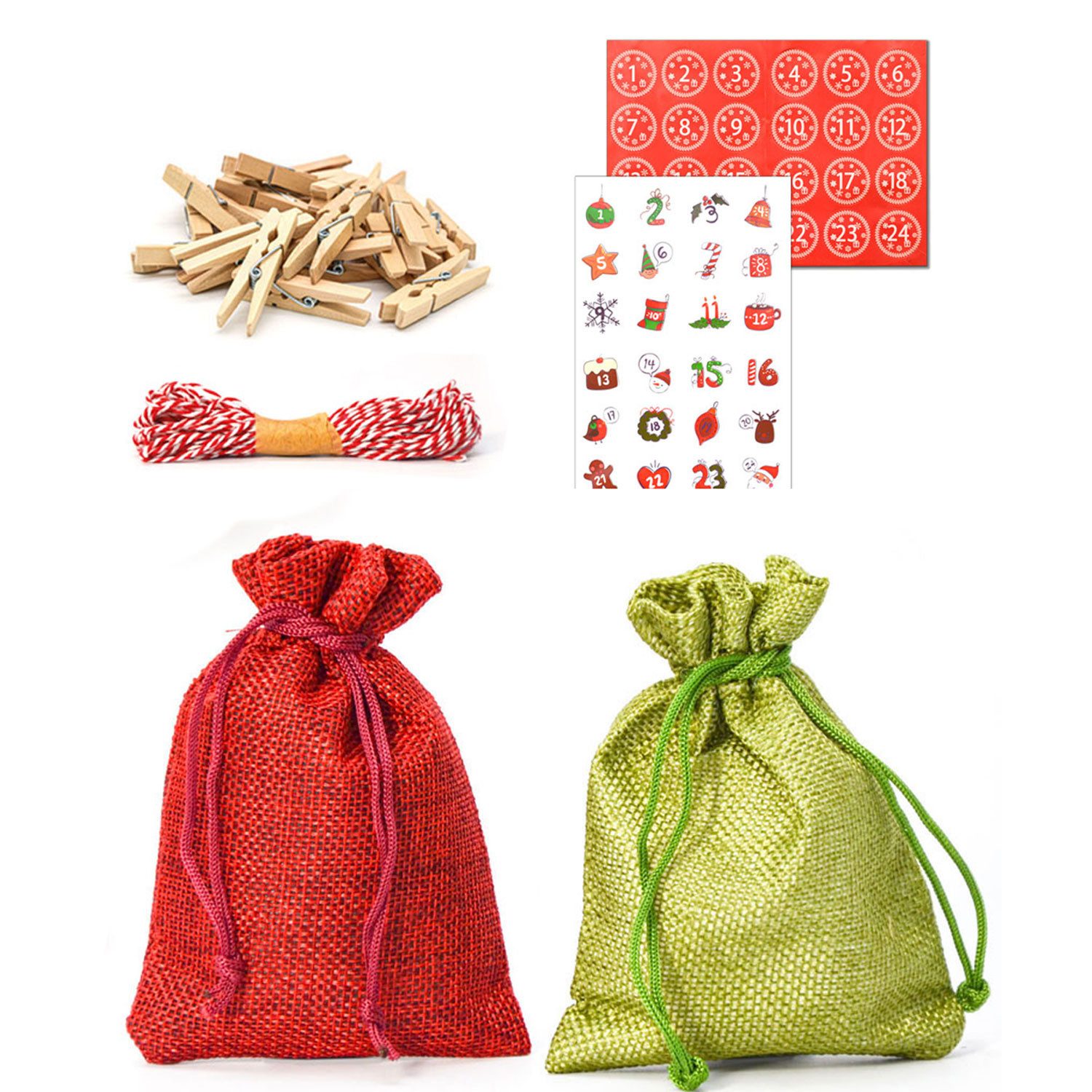 DuneDesign befüllbarer Adventskalender DIY Adventskalender Bastelset mit 24 Jutesäckchen, Nachhaltige Beutel mit Stickern und Zubehör zum Befüllen