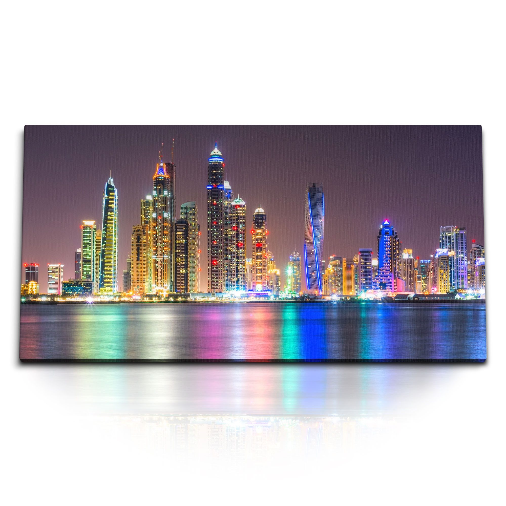 Leinwandbild Kunstdruck Bilder 120x60cm Dubai bei Nacht Skyline Stadt Wolkenkratzer
