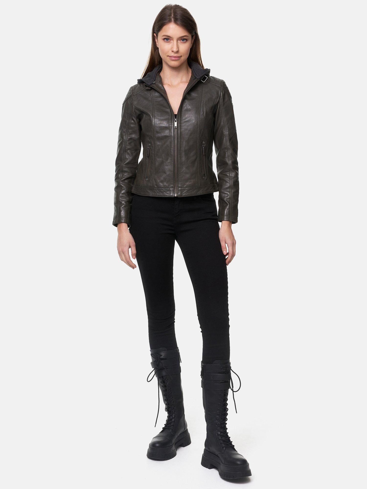 Tazzio Lederjacke F503 Damen Leder Jacke im Biker Look mit abnehmbarer Kapu günstig online kaufen