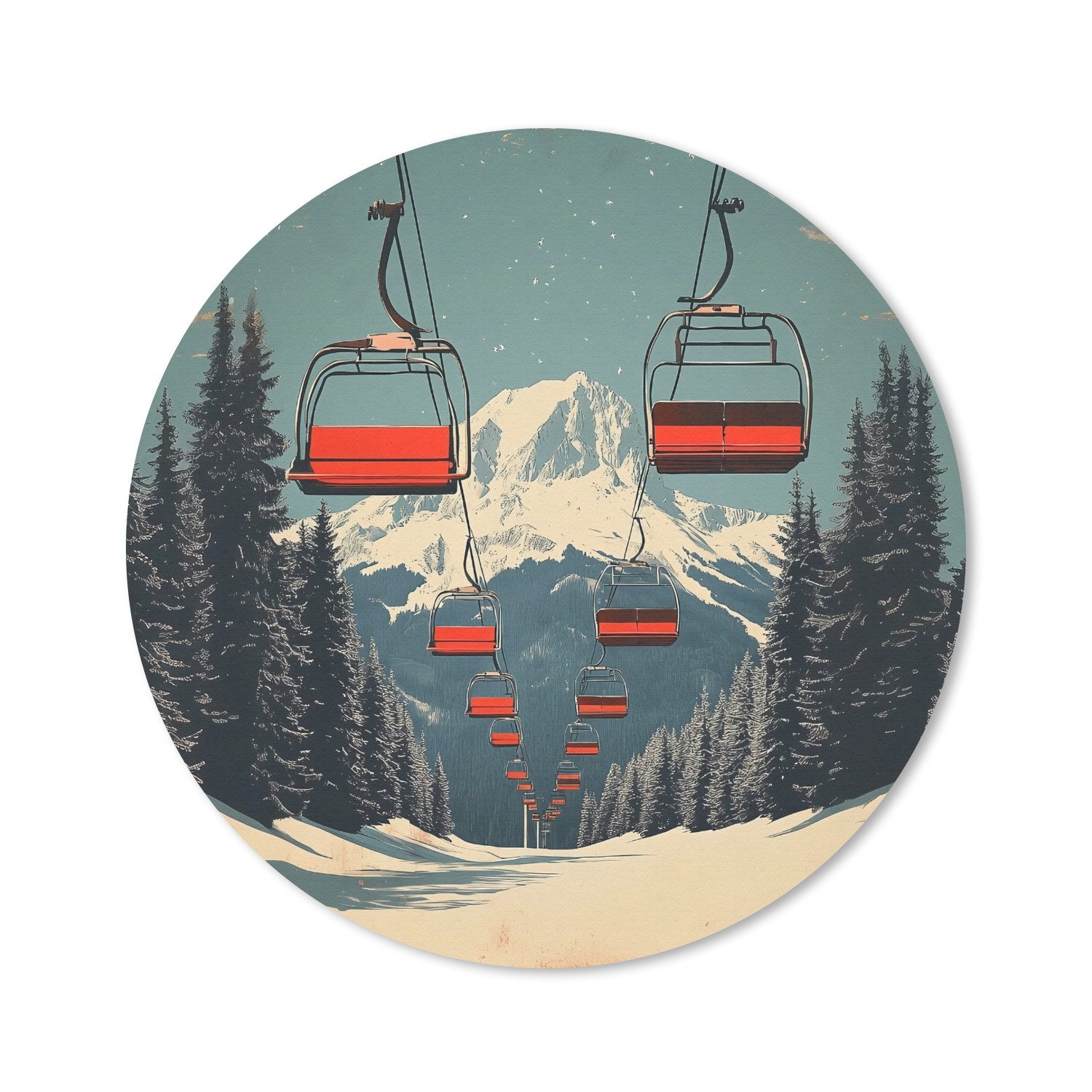 MuchoWow Mauspad Schnee - Skilift - Rot - Bäume (1-St), Gaming, Rutschfester Unterseite, Mausunterlage, Rund 50x50 cm