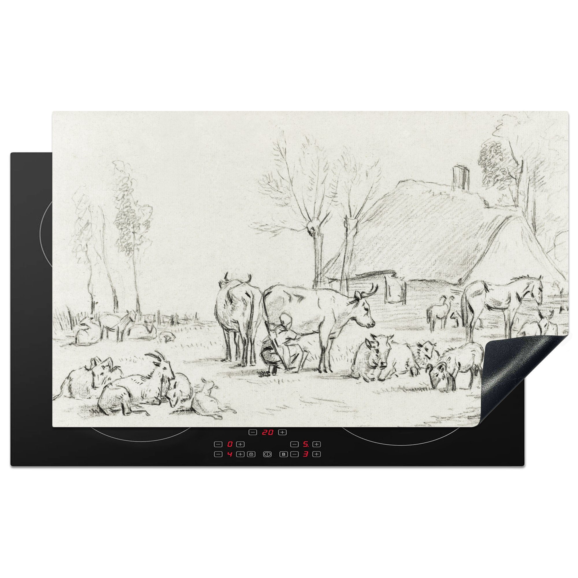 MuchoWow Herdblende-/Abdeckplatte Bauernhof mit Rindern und Melkerin - Gemälde von Jean Bernard, Vinyl, (1 tlg), 83x51 cm, Ceranfeldabdeckung, Arbeitsplatte für küche