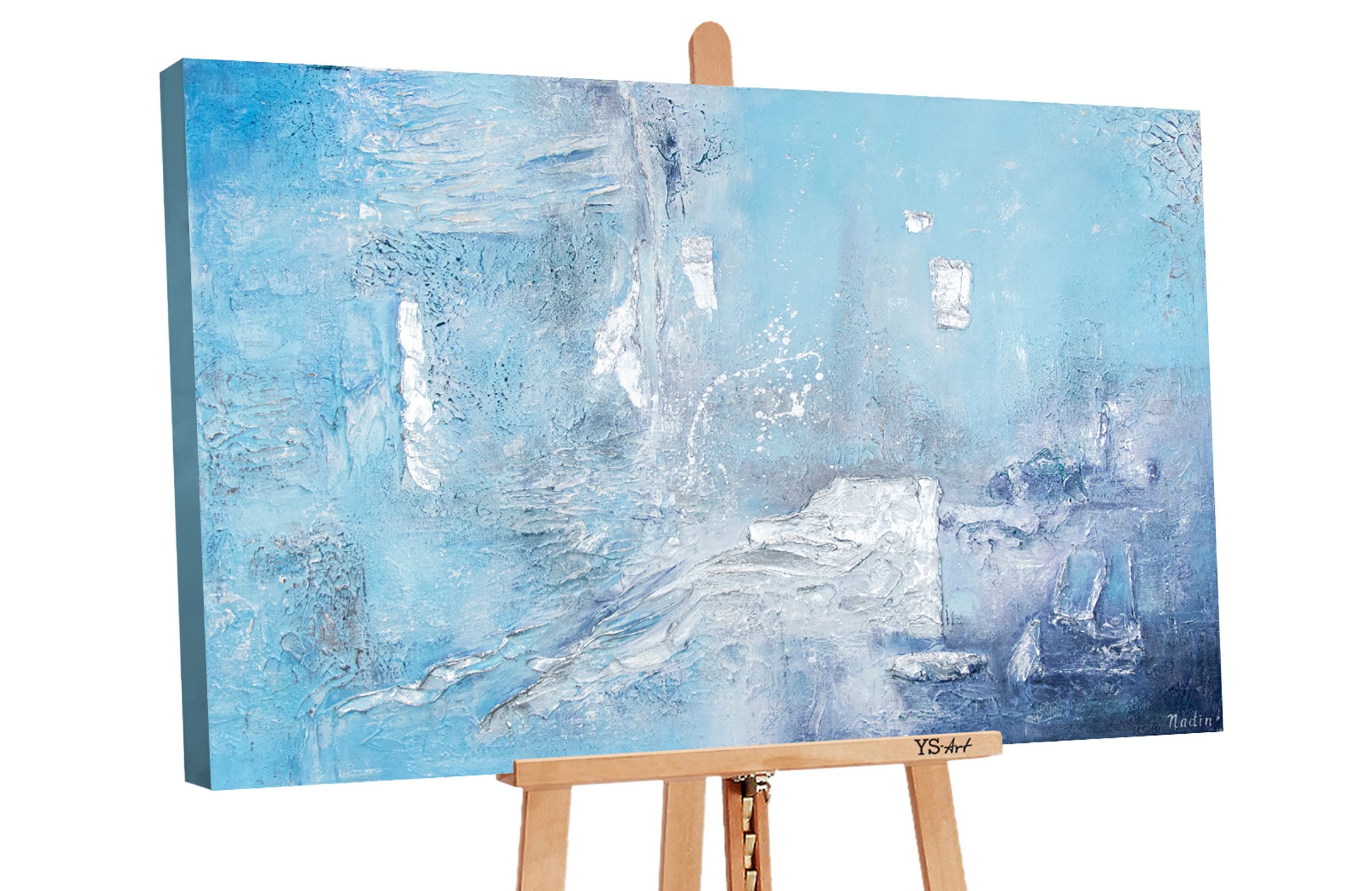 YS-Art Gemälde YS-Art Handgemaltes Acryl Gemälde Landschaftsbild, Herrlichkeit, Abstraktion, Hellblau, Dunkelblau,Azurblau,Leinwandbild