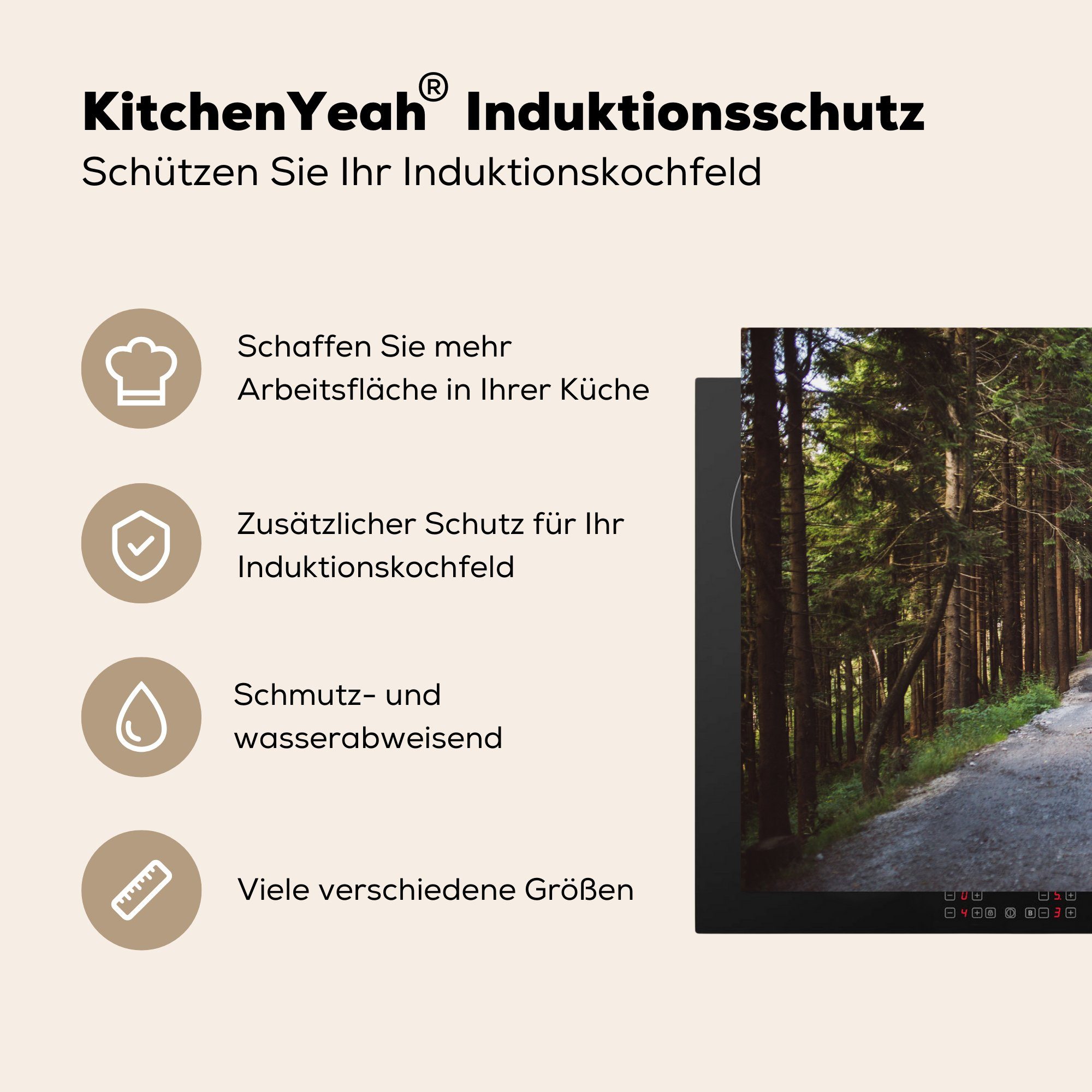 MuchoWow Herdblende-/Abdeckplatte Induktionskochfeld Bayerischer küche, Vinyl, im cm, Schutz für 81x52 Waldweg Wald, Nationalpark die Ceranfeldabdeckung tlg), (1
