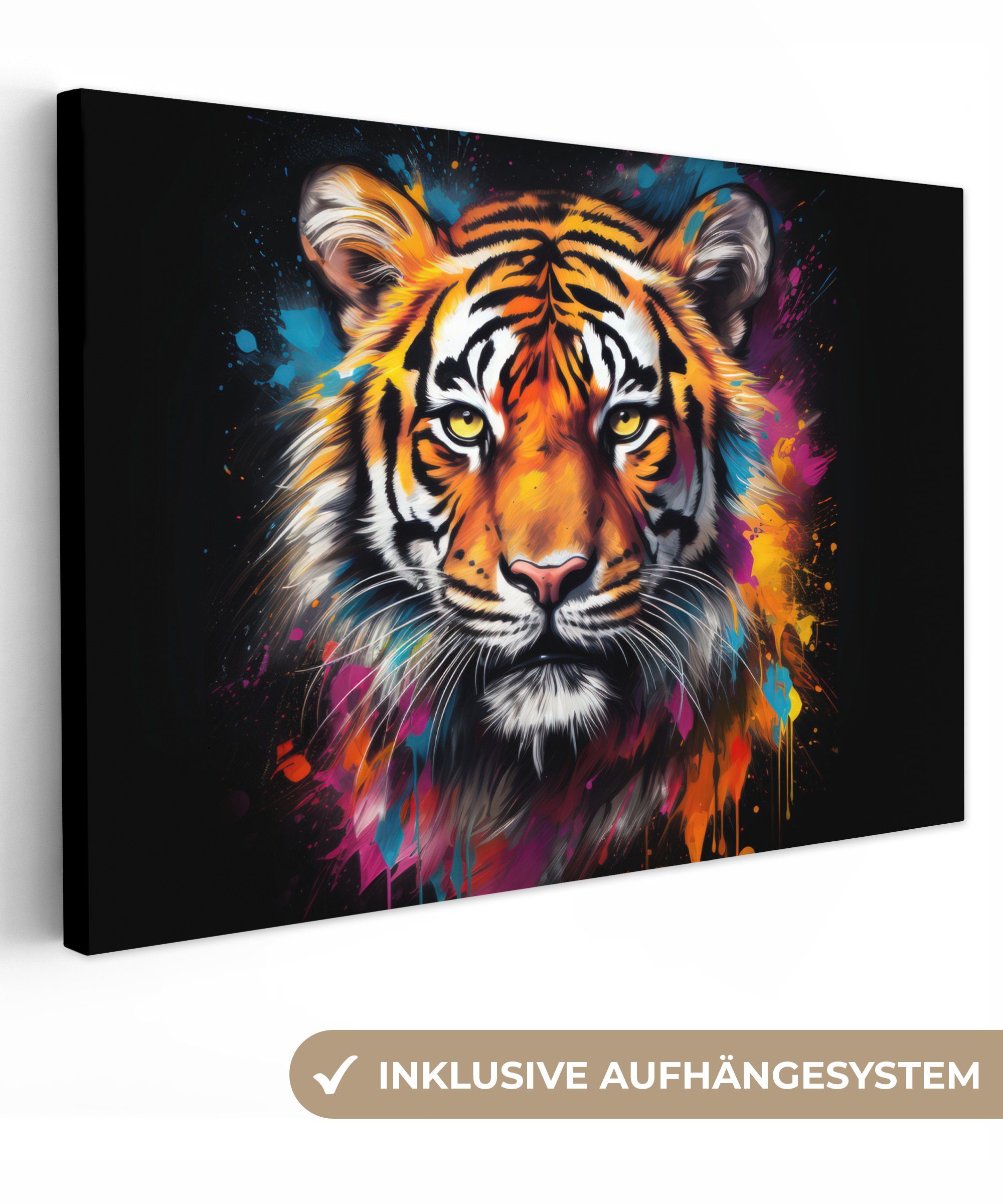 OneMillionCanvasses® Leinwandbild Tiger - Graffiti - Tiere - Schwarz, (1 St), Wandbild für alle Wohnbereiche, Gemälde, XXL, großes, 120x80 cm