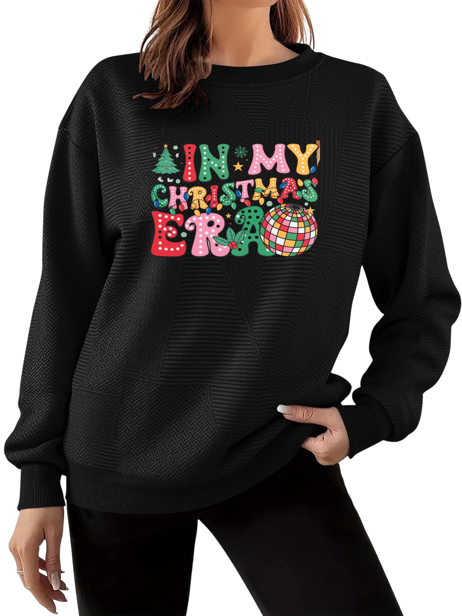 Rundhalspullover Damen Festlich Sweatshirt für den Weihnachten mit Streifen-Print