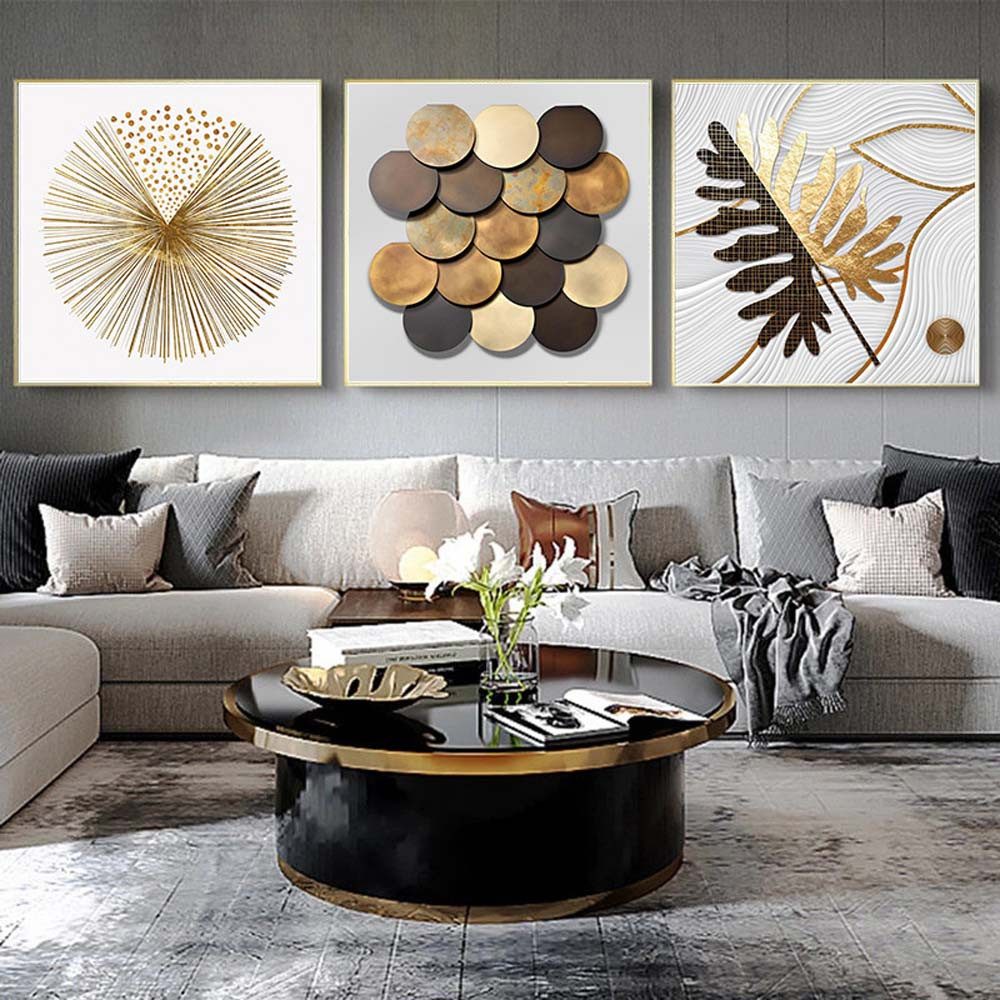 trends for living Wandbild Wanddekoration Gold,abstraktes Linien Bild ohne Rahmen Wohnzimmer, (3 St)