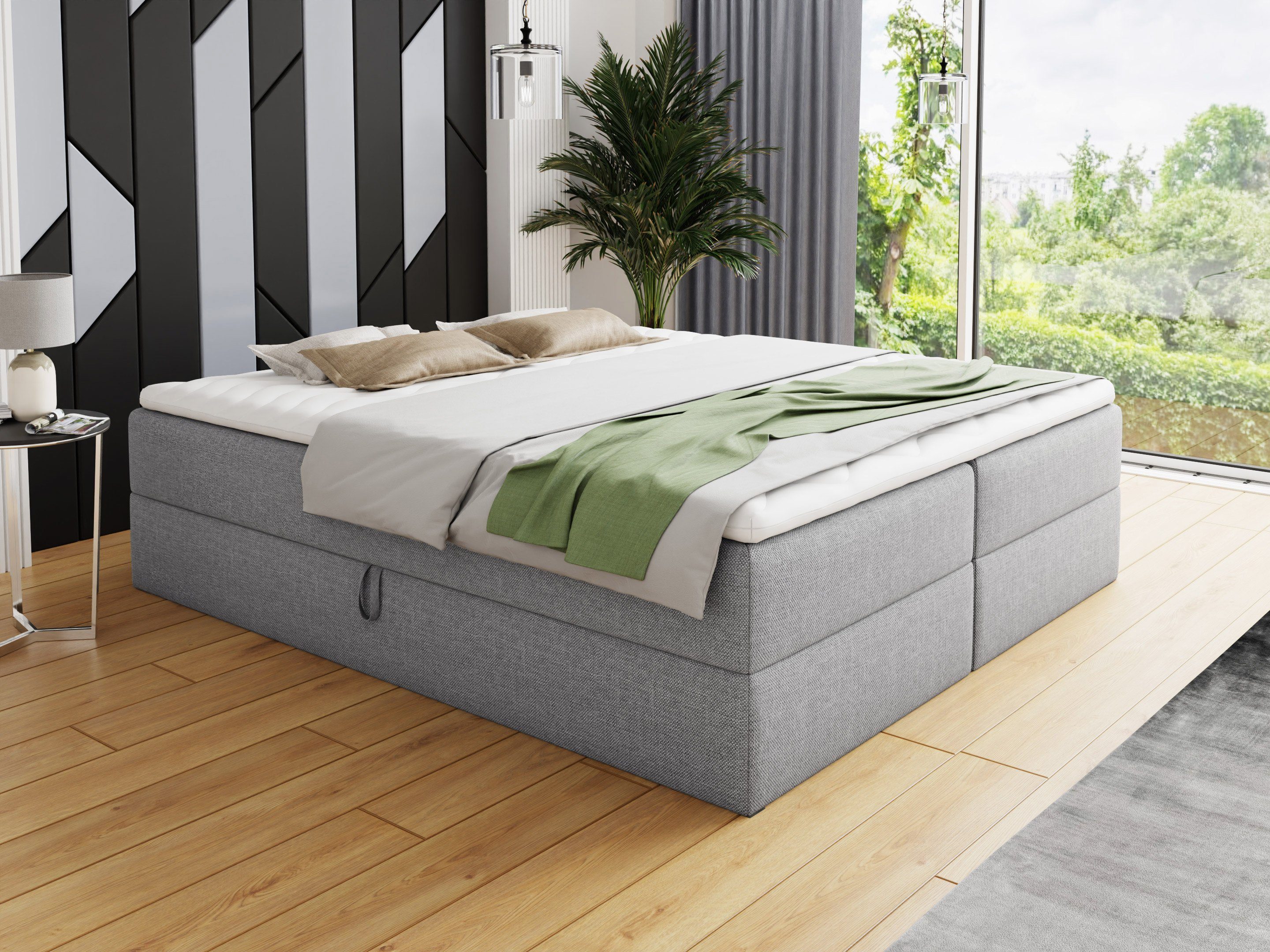 Sofnet Boxbett Base (mit zwei Bettkästen, Bonell-Matratze und Topper), Doppelbett, Polsterbett, Freistehendes Bett, Boxspringbett