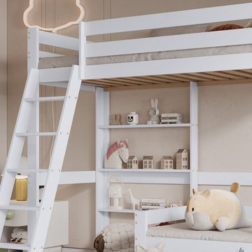 Flieks Hochbett Etagenbett mit Regalen und Leiter, Sofa mit einer Schublade 90x200cm