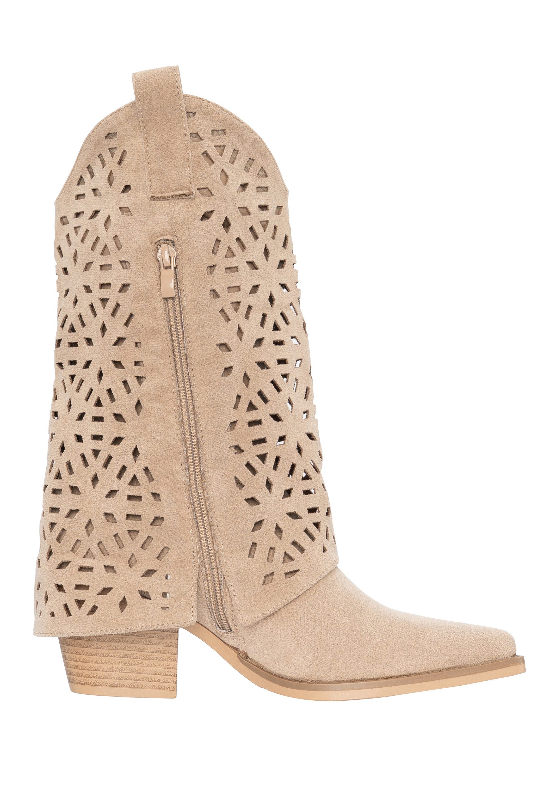 Salinyang Damen Cowboy Boots in Wildlederoptik mit Cut-Out Muster & Blockabsatz Cowboystiefel