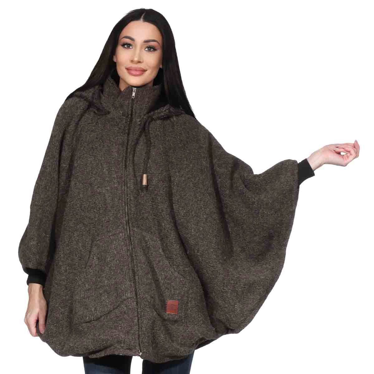 KUNST UND MAGIE Strickcape Damen Strickponcho Cape Mantel Wolle mit Zipfelkapuze & Fleecefutter