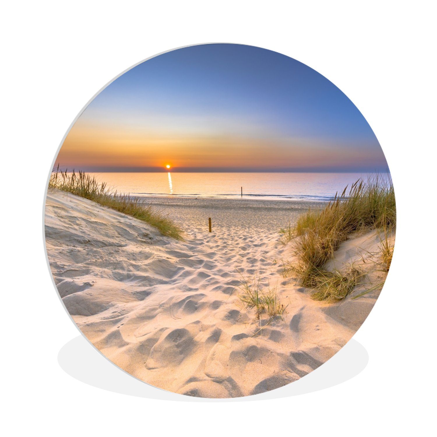 MuchoWow Gemälde Düne - Sonnenuntergang - Horizont - Strand - Gras, Fotodruck (1 St), Kreis Wanddekoration, Rundes Wandbild, 30x30 cm
