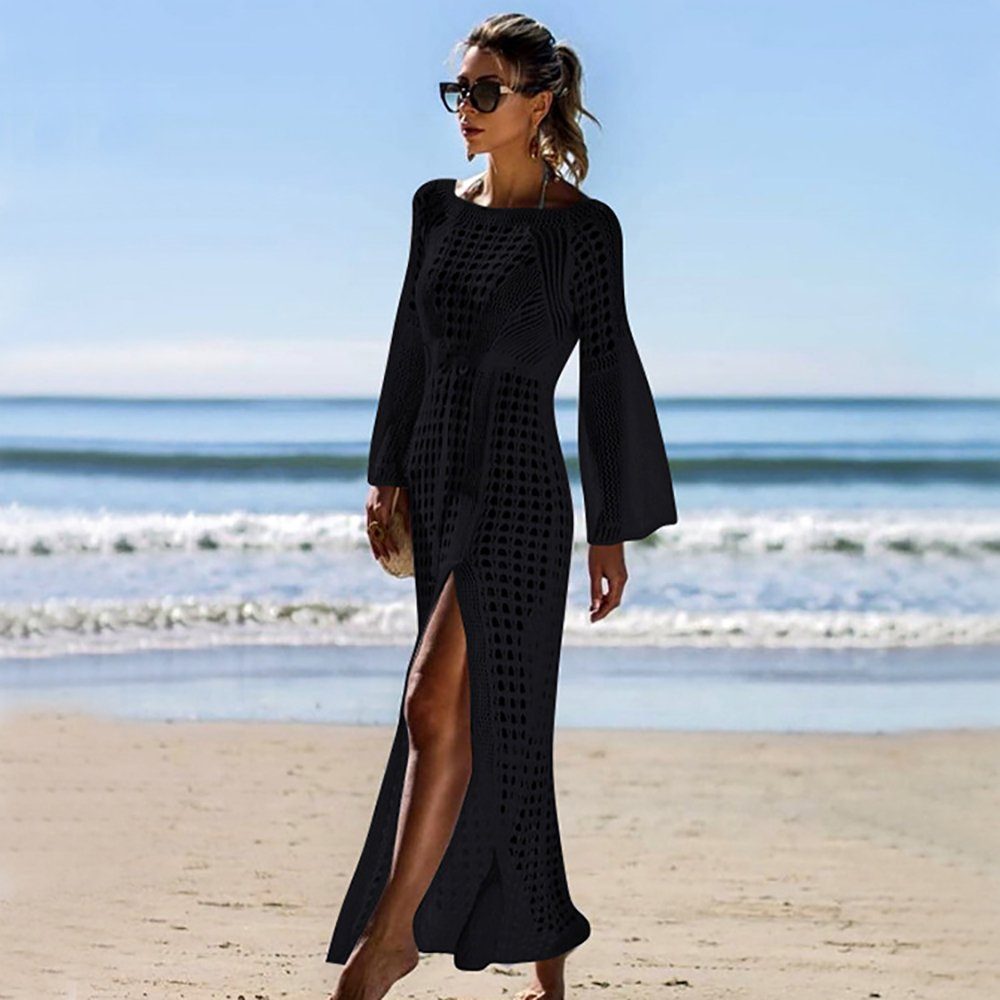 Strandkleid schwarz mit Strandkleid Schlitz Bikini-Überwurf Langärmeliges Orbeet gestricktem