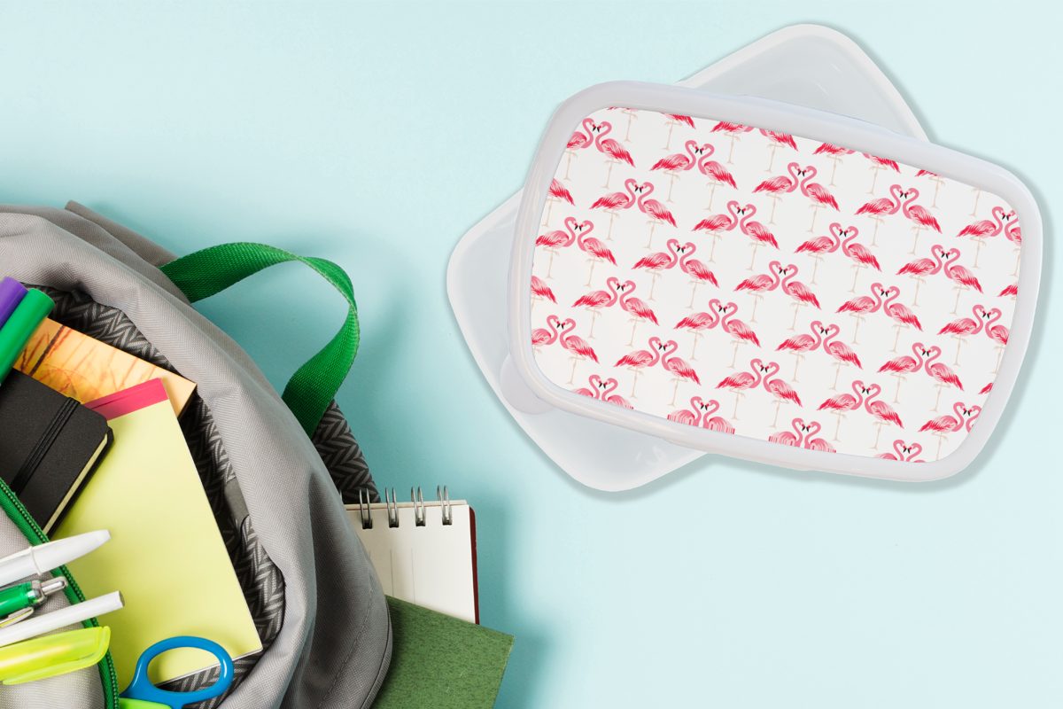 Flamingo und und für Dschungel, Erwachsene, - weiß Lunchbox Brotbox (2-tlg), MuchoWow Muster Jungs Brotdose, - Kunststoff, Mädchen für Kinder Rosa -
