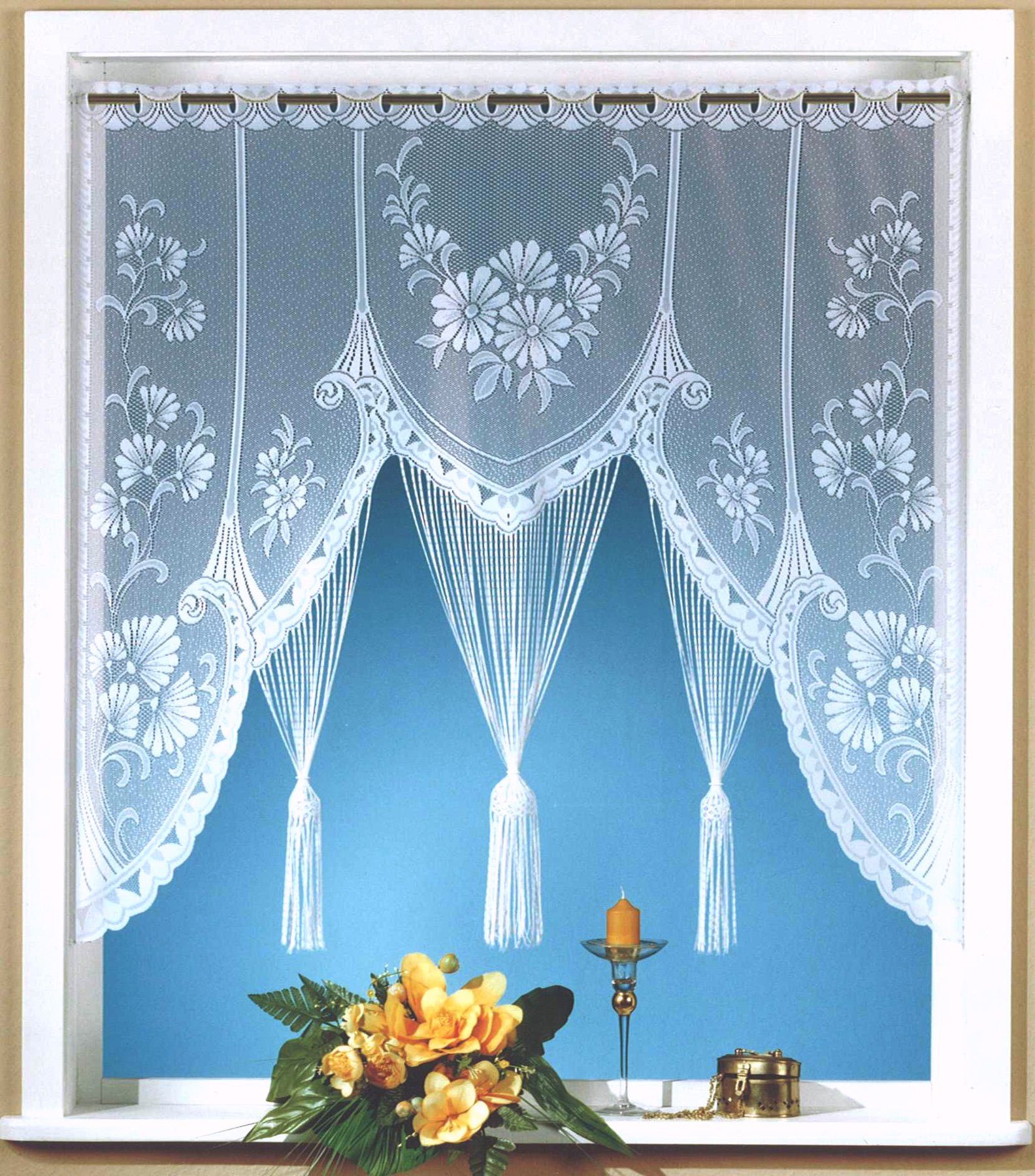 Scheibengardine Raffiniertes Fensterbild M-Bogen Jacquard Gardine, heimtexland, Stangendurchzug (1 St), transparent, Jacquard, Fensterdekoration Fadengardine mit gebogter Blumen Bordüre