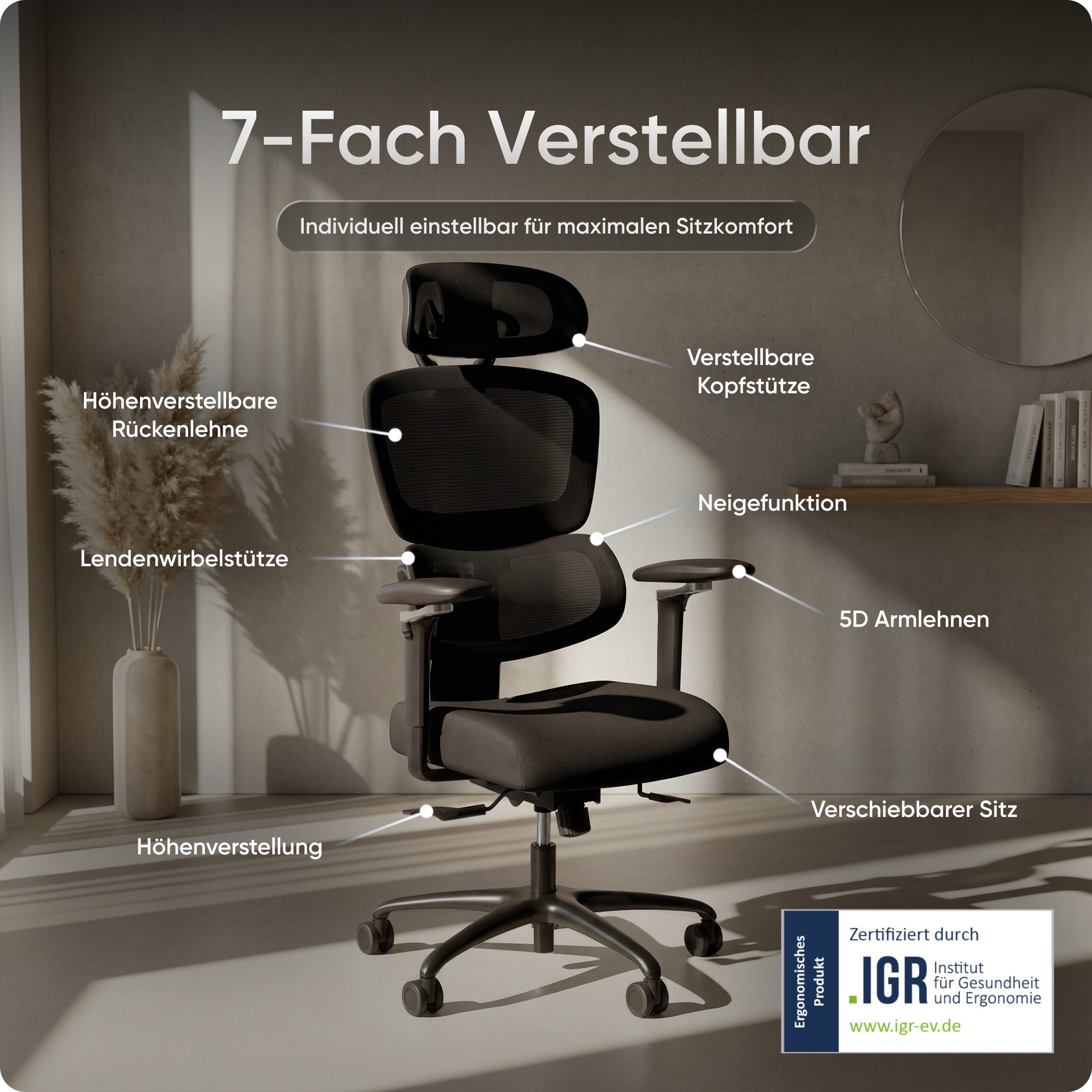DESKSPACE Schreibtischstuhl Move Pro Bürostuhl – ergonomisch, Netzrücken, 3 Neigungen, 150 kg, Ergonomisch, 3D-Armlehnen, Netzrücken, 3-Neigungsstufen
