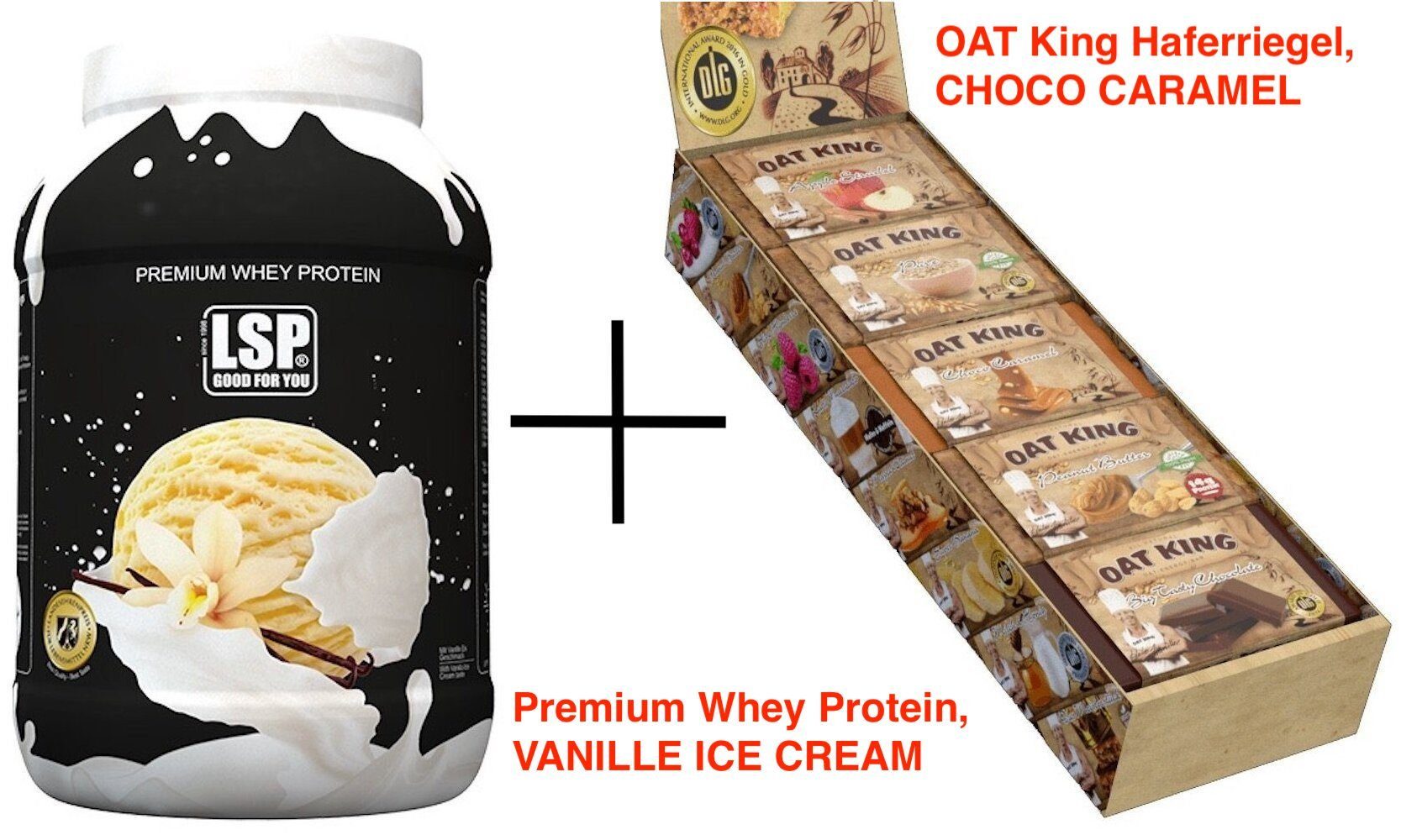 LSP Premium Whey Protein Eiweiß 1800g OAT KING Haferriegel Energie 10x95g Pulver, 1 er Для домработницы à 1 St., Glutenfrei, Enthält Molkenprotein