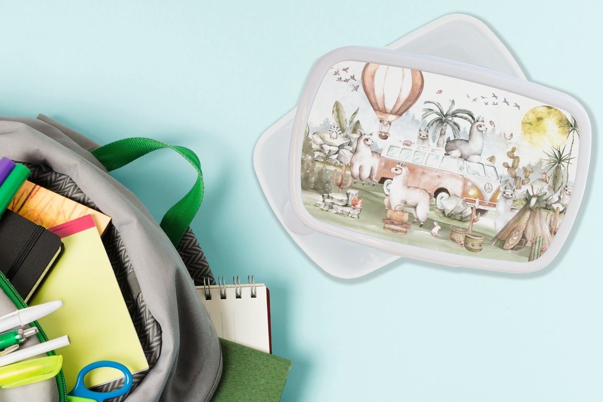 (2-tlg), weiß Kinder Tiere Jungs - Lunchbox Brotbox Heißluftballon für Kinder, und MuchoWow Erwachsene, - für - Brotdose, und Kunststoff, Kinder Mädchen Alpaka -