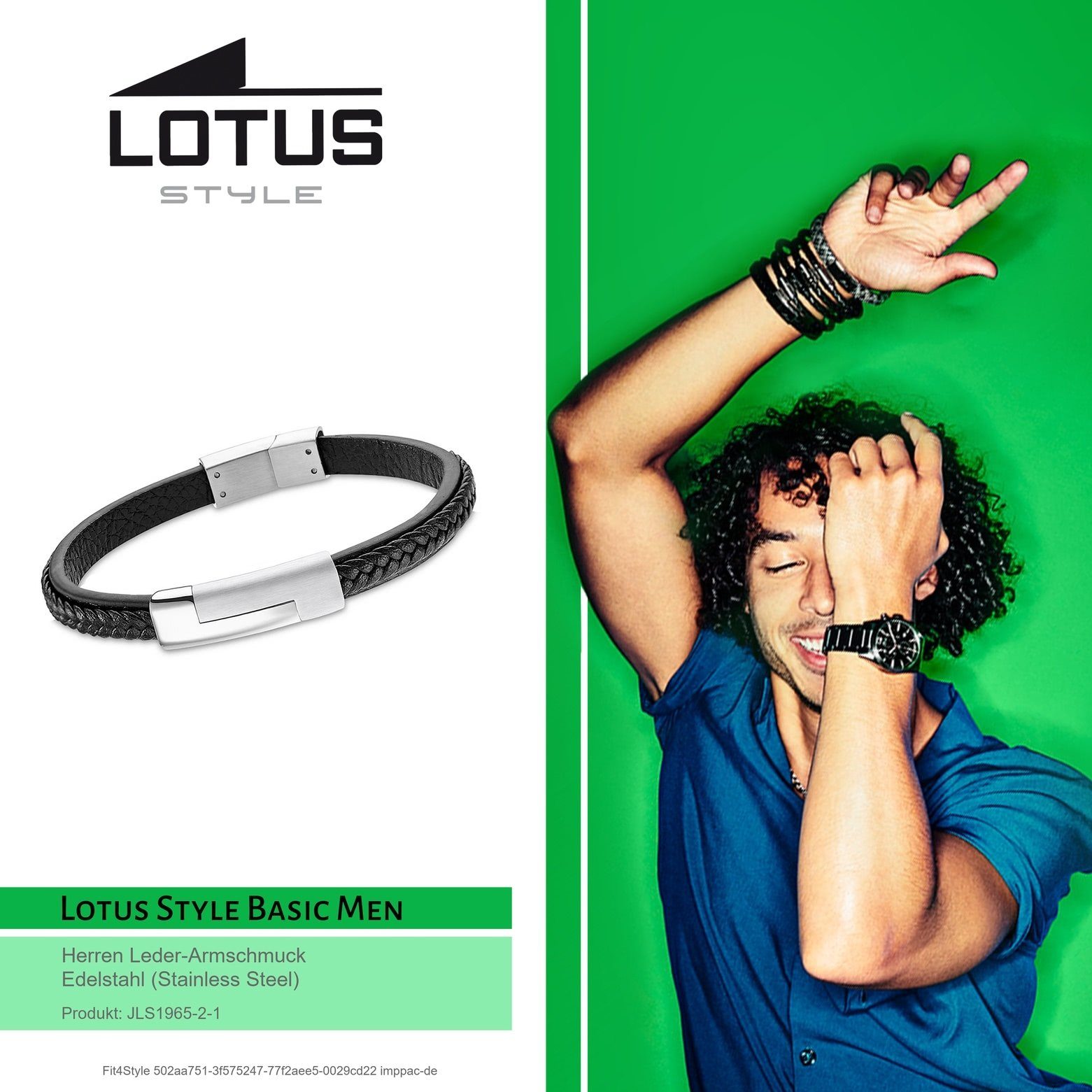 Lotus Style Armband Edelstahl für Herren schwarz Echtleder Style LOTUS aus Steel), (Armband), (Stainless Armband
