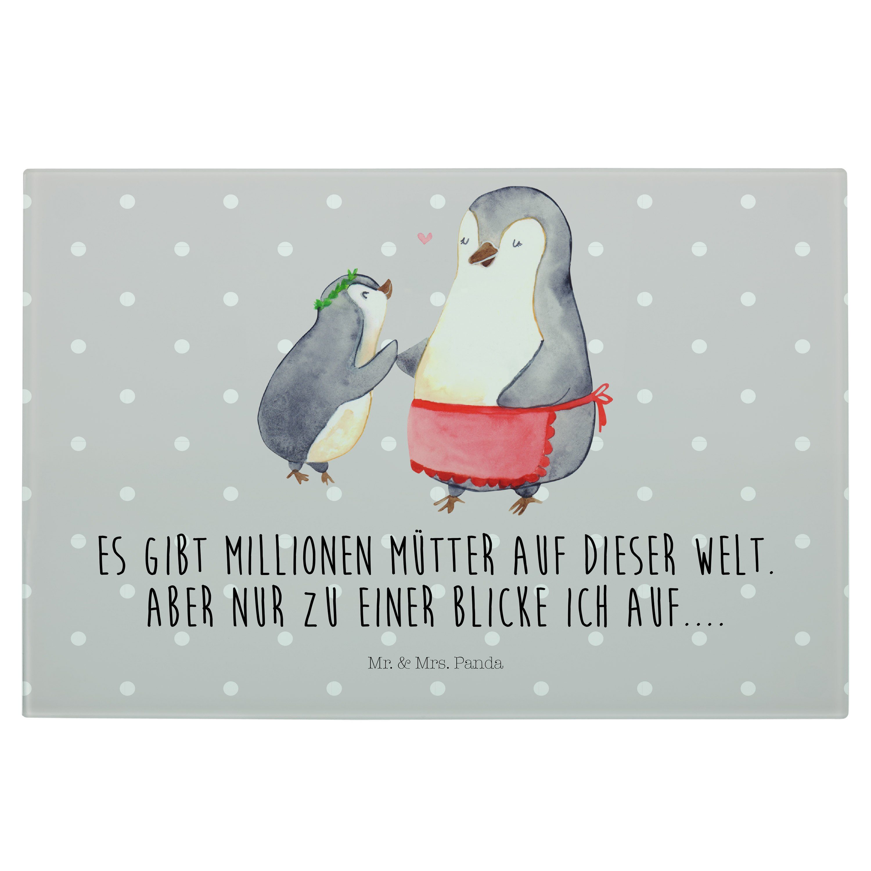 Mr. & Mrs. Panda Servierbrett Pinguin mit Kind - Grau Pastell - Geschenk, Mami, Danke Mama, Schneid, Premium Glas, (1-St)
