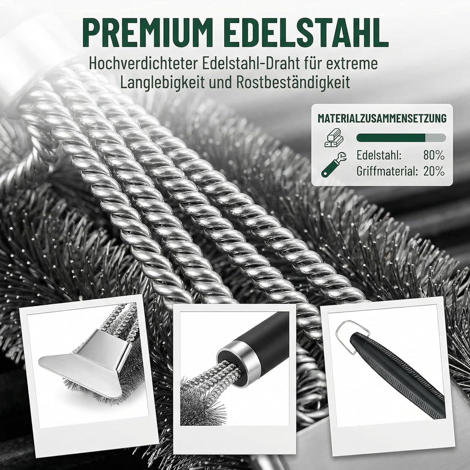 Forrlite Grillbürste Premium Edelstahl 3-in-1 Grillbürste 42 cm, Schaber & dichte Borsten, (Premium Edelstahl 3-in-1 Grillbürste mit Schaber, PP-Isoliergriff, 42 cm lange Reinigungsbürste, dicht gebundene Borsten für Gasgrill, Holzkohlegrill und Grillrost)