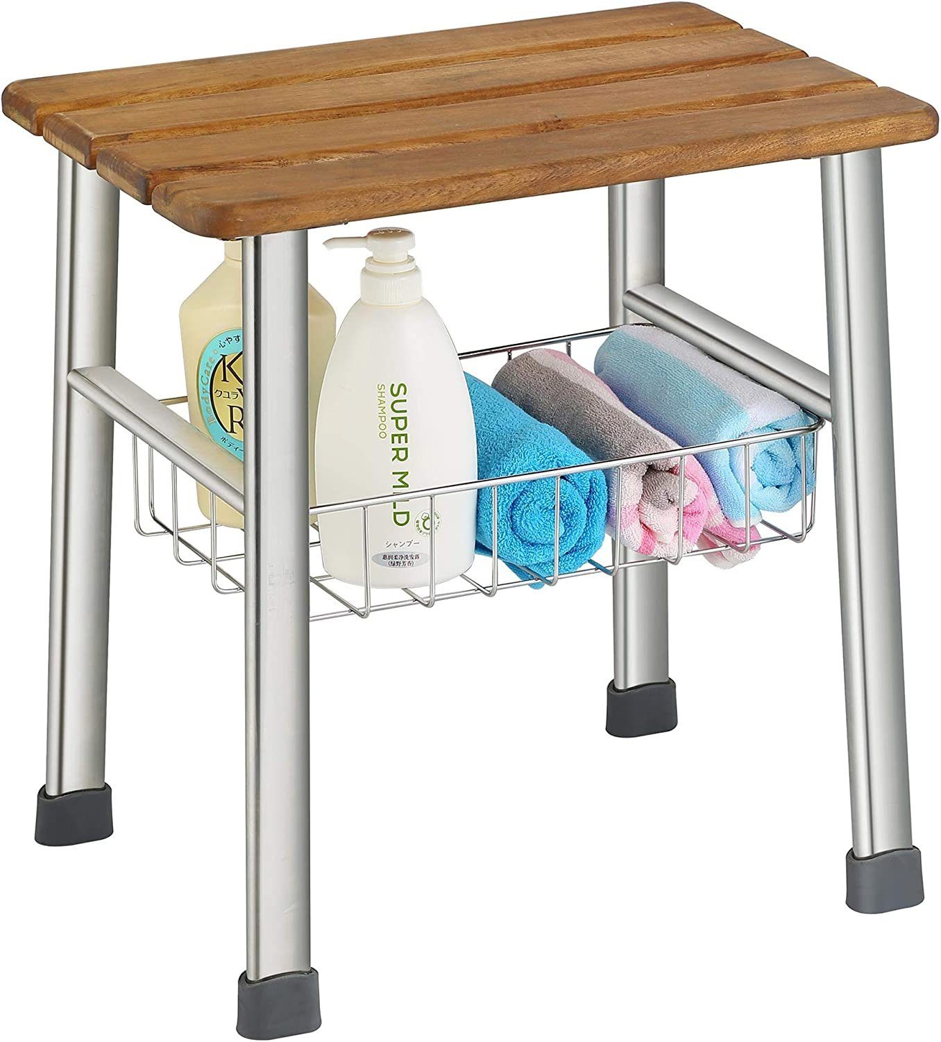 @tec Dusch- und Badhocker Duschhocker aus Teakholz, Echtholz, Duschsitz mit Stauraum, Duschstuhl, Rahmen aus Edelstahl