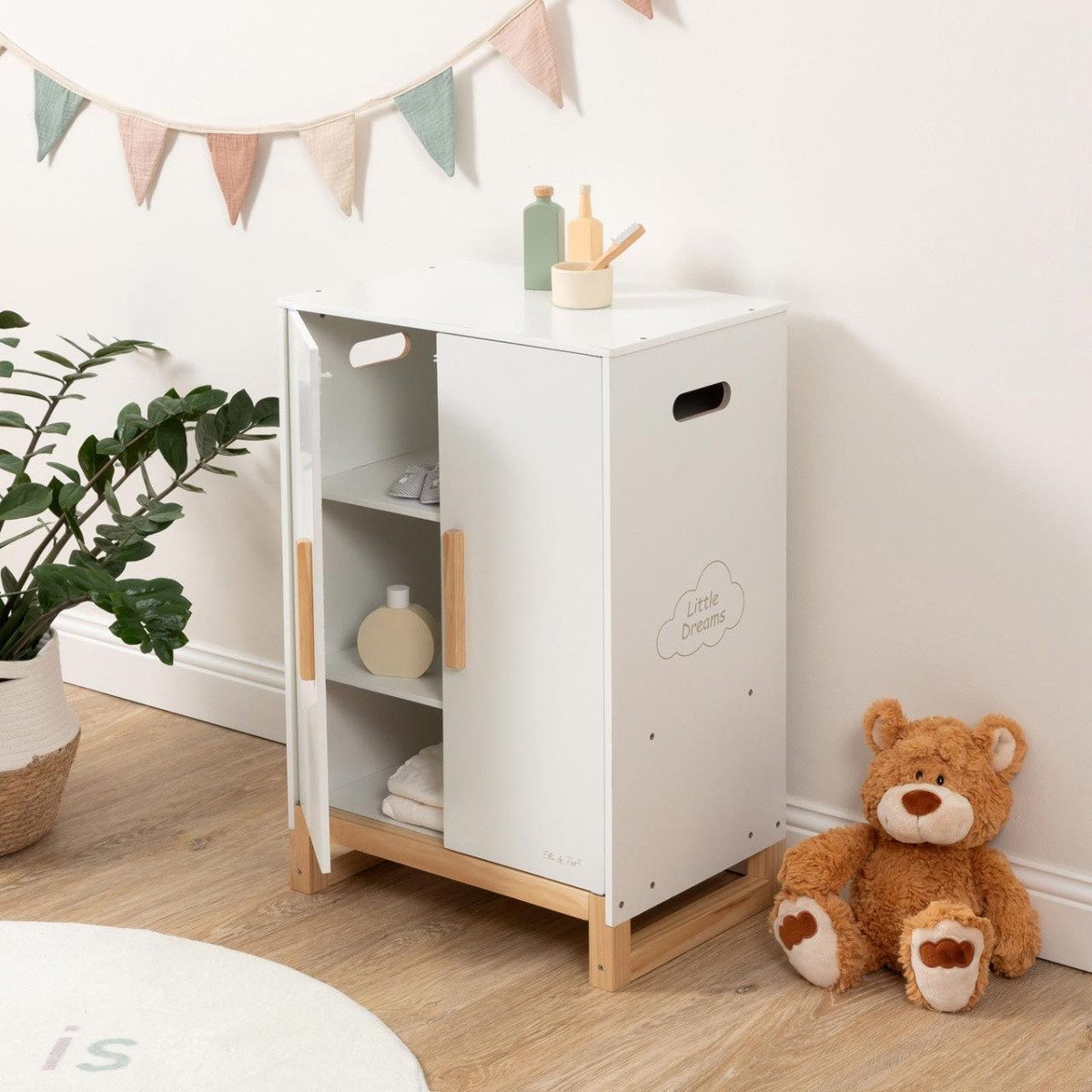 ELLA & PIET® Puppenmöbel Großer Puppenschrank DRESSY aus Holz (Weiß-Schlamm)