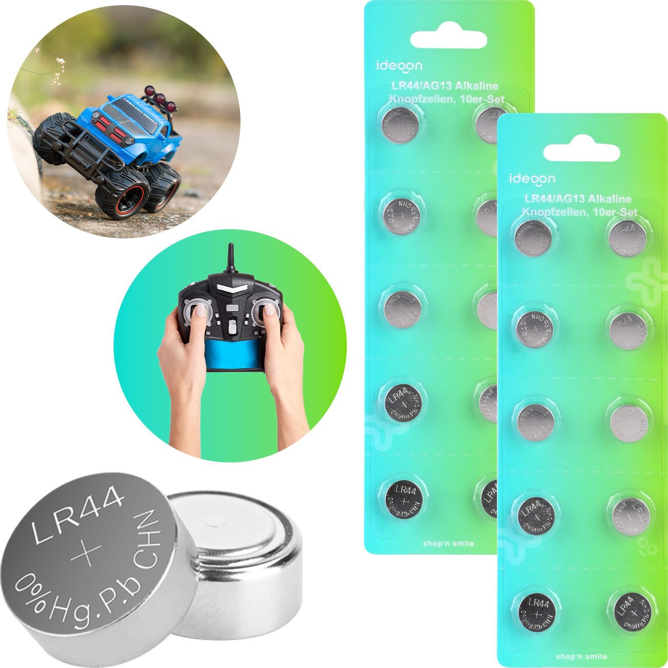 shop'n smile ideoon LR44 AG13 Alkaline-Knopfzellen (1,5V, 145 mAh), hohe Kapazität Knopfzelle, (20 St), Ideal für Fernbedienungen, Taschenrechner, Uhren, u.v.m.