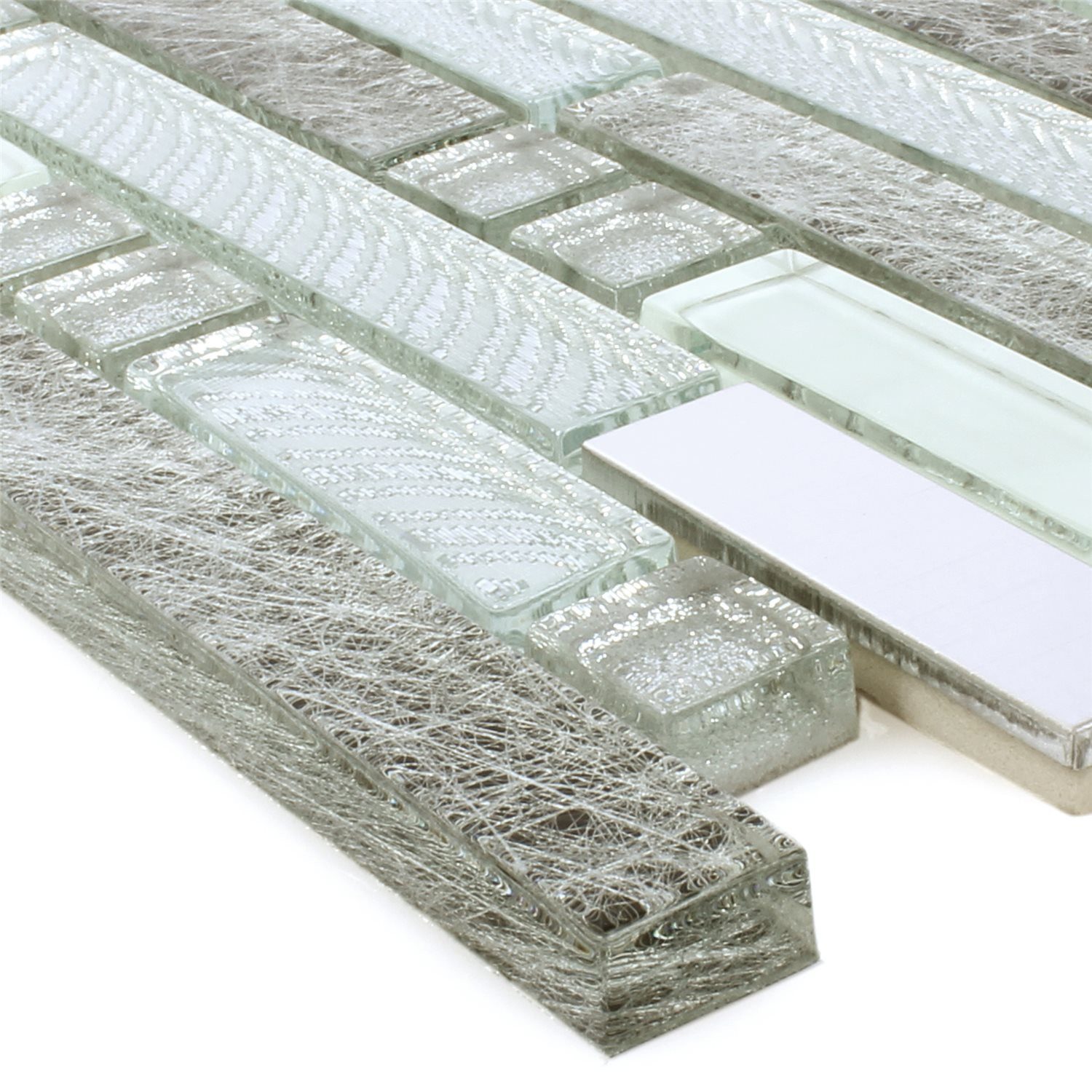 Mosafil Mosaikfliesen Mosaikfliesen Zaide Glas Alu Mix, Glas-Edelstahl 30.400x29.800, weiß-grau-silber, Verlegefertig auf ein Netz geklebt - Wasserfest