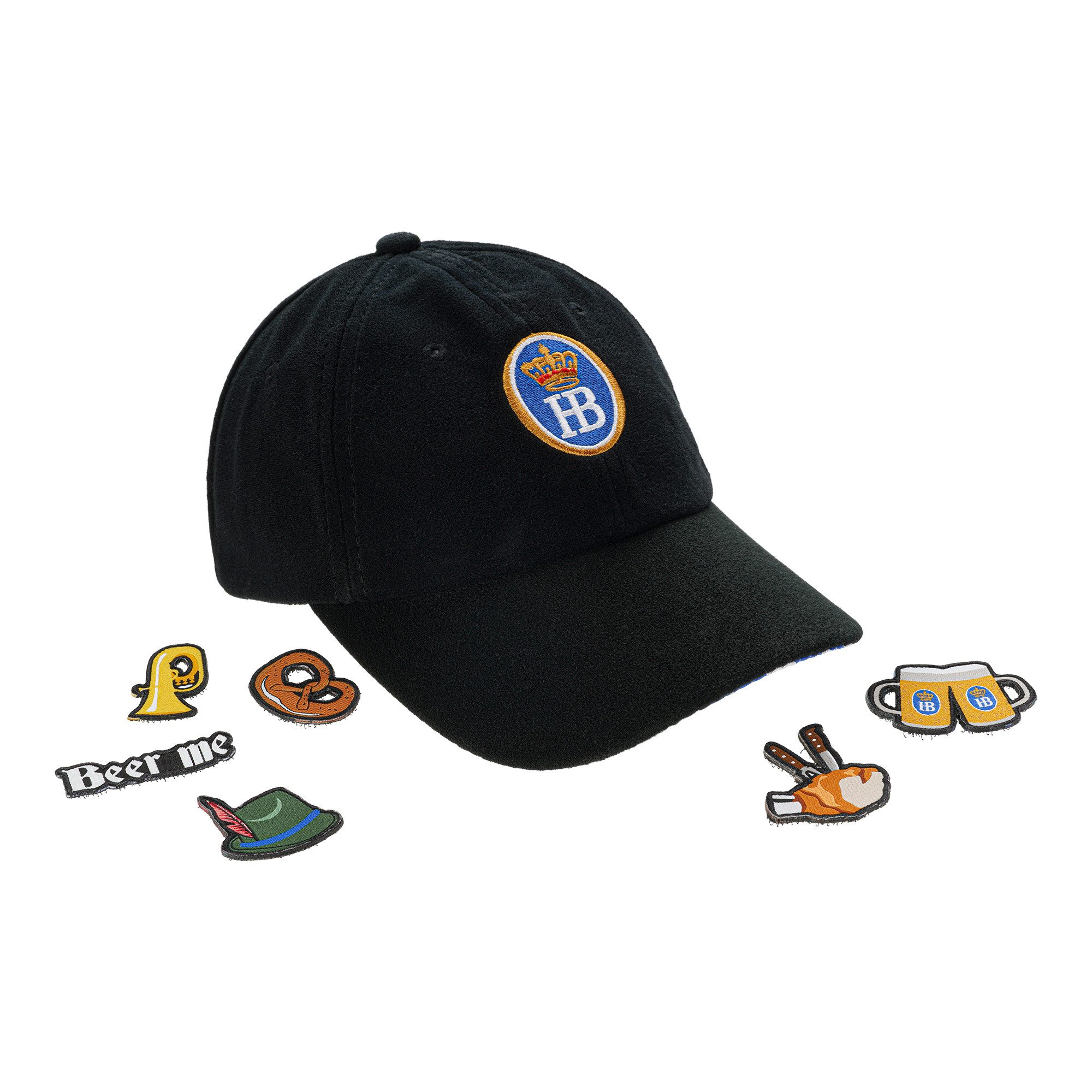 Hofbräuhaus München Baseball Cap, Cap mit abnehmbaren Patches – 7-teilig, 100 % Baumwolle, schwarz (7-teilig: Cap mit, 6-St., abnehmbaren, gestickten Patches) 100 % Baumwolle