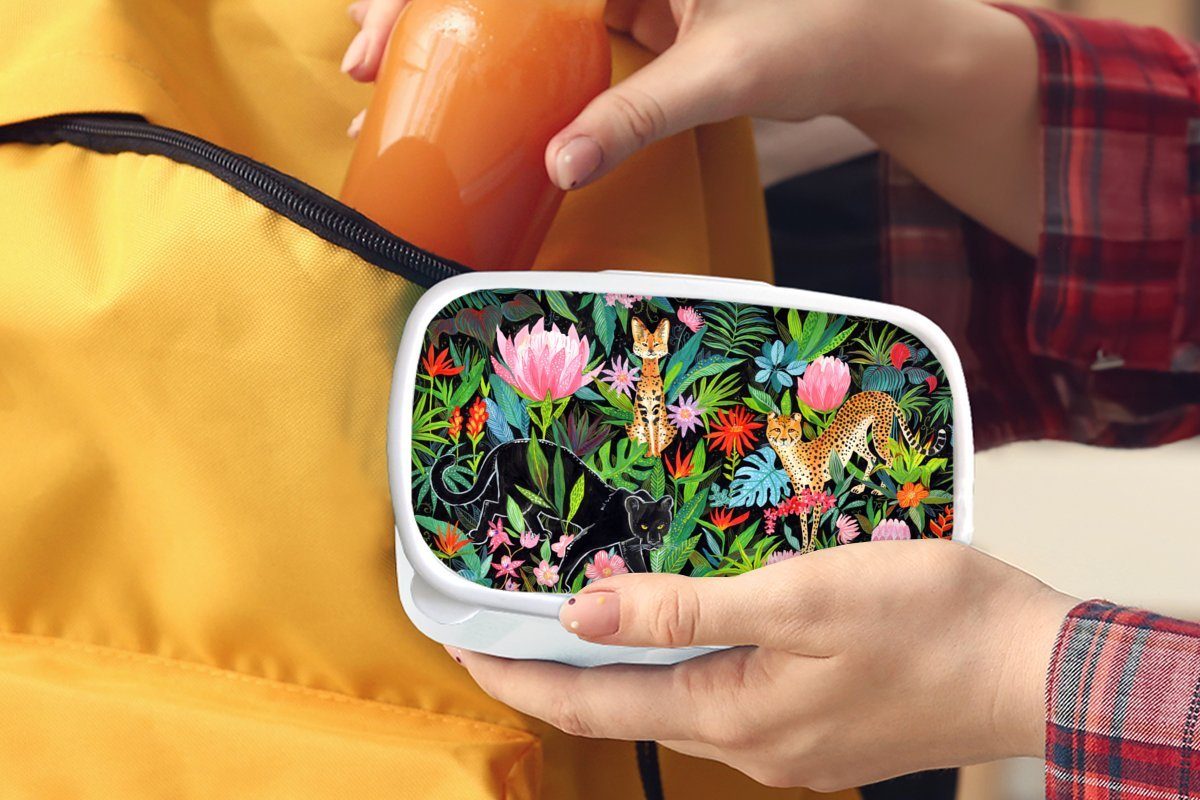MuchoWow Lunchbox Dschungel und weiß Brotdose, für Erwachsene, für Brotbox - Pflanzen Kinder Mädchen Kunststoff, und - Jungs Tiere, (2-tlg)