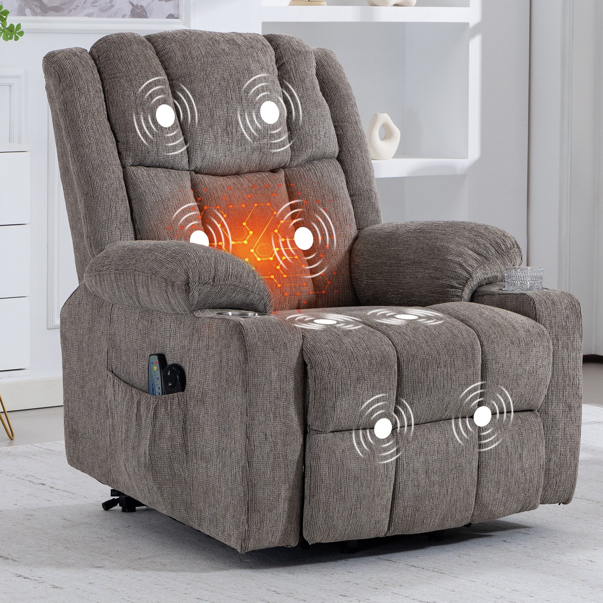 KLAM HOME Relaxsessel TV-Massagesessel mit Aufstehfunktion, Wärme & 4D-Vibration (Relaxsessel mit Remacro-Motor,Fernbedienung & Edelstahl-Getränkehalter), Senioren-Sessel für Wohnzimmer, Home-Office & Gästezimmer