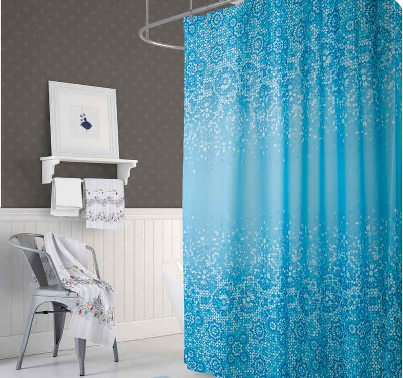 KS Handel 24 Duschvorhang Textil Duschvorhang 120x200 cm blau weiß Mosaik inkl. Duschringe Breite 120 cm