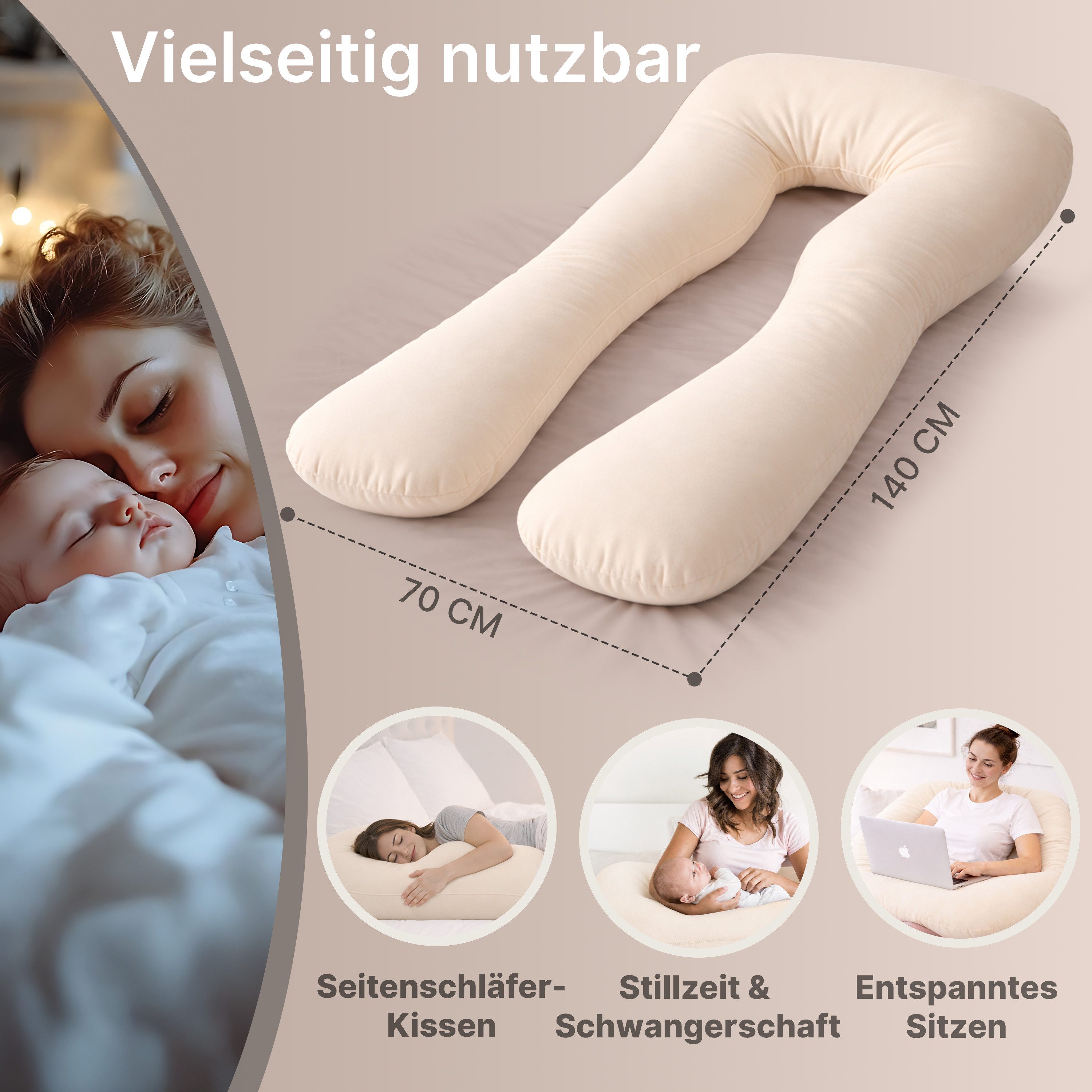 ELONEO Seitenschläferkissen XXL - Multifunktionskissen mit Bezug, formstabil, druckentlastend, bequem