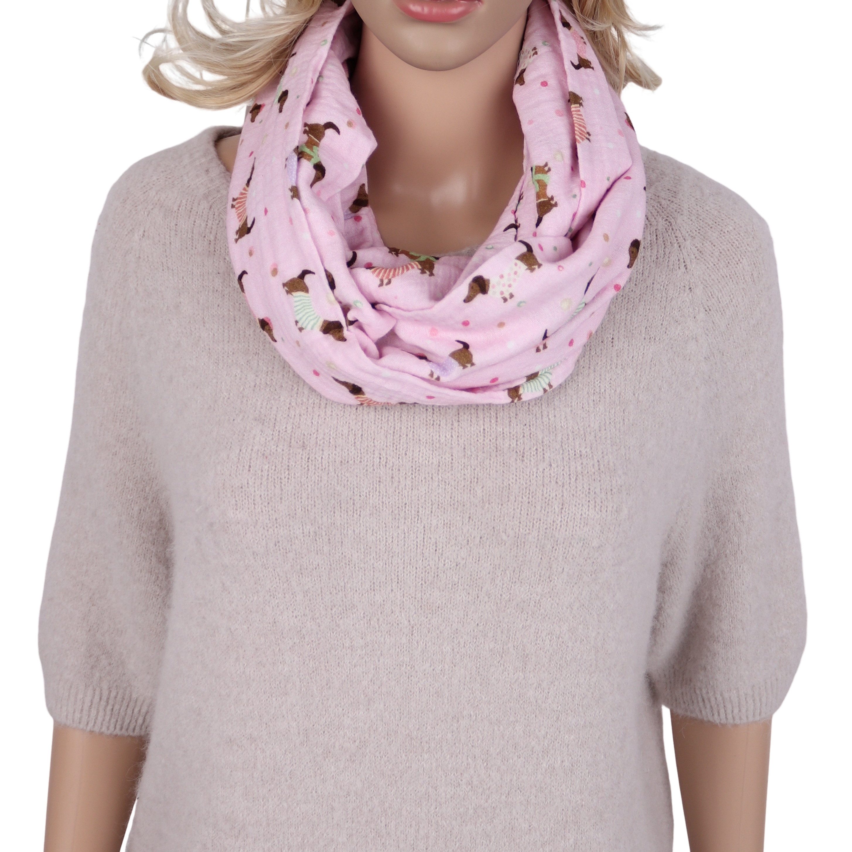 MIRROSI Loop Damen Schal aus Musellin, Made in Italy 70x20cm, Dackel, Schlauchschal, (Zweimal um den Hals wickelbar, ca.70x20cm), Damen Halstuch ideal für Frühling, Sommer oder Herbst