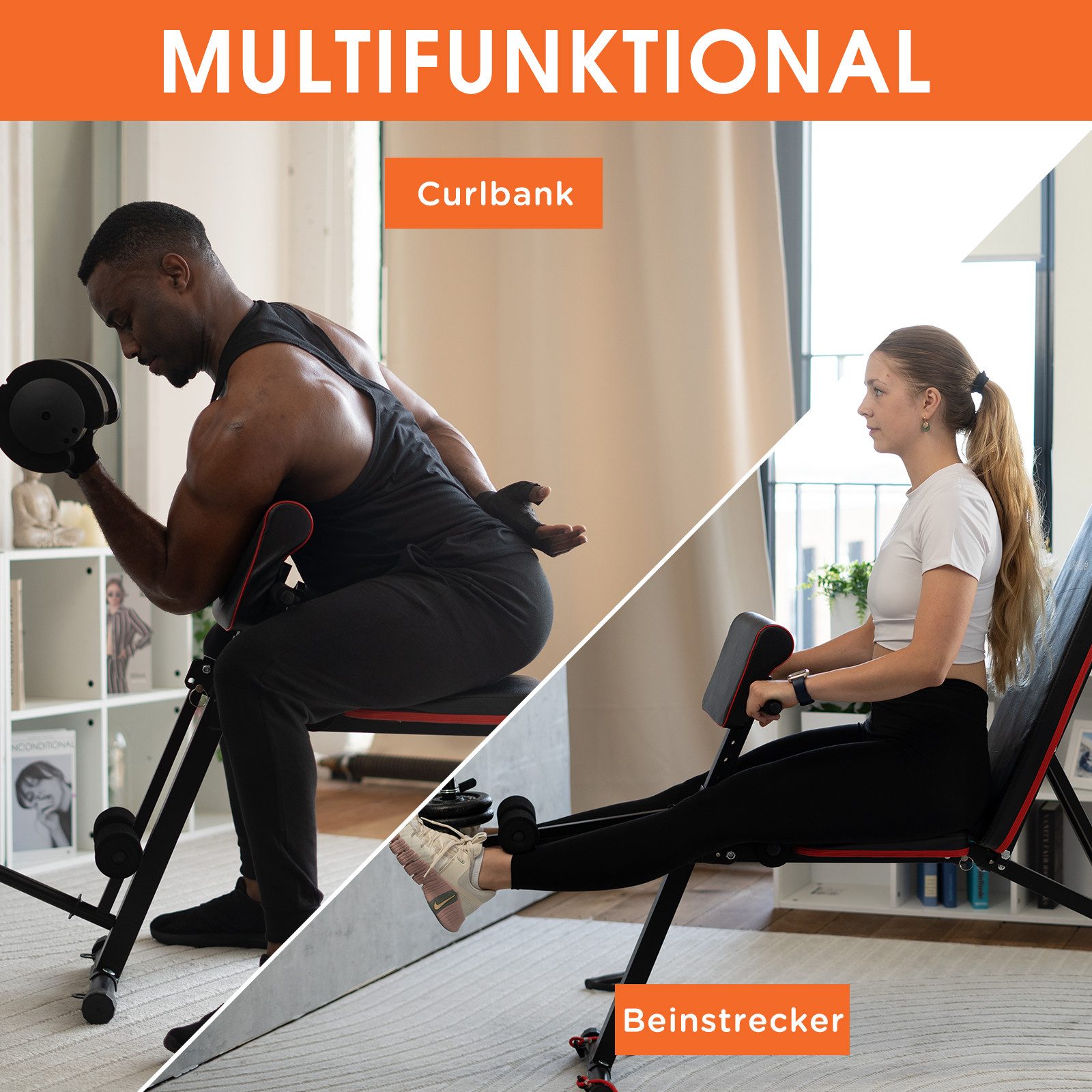 DH FitLife Hantelbank klappbar verstellbar, (Modell 1 mit Curlbank und Beinstrecker, Schrägbank & Flachbank für Bankdrücken, Rückentrainer u. Bauchtrainer), Trainingsbank Fitnessbank multifunktional für Fitness u. Krafttraining